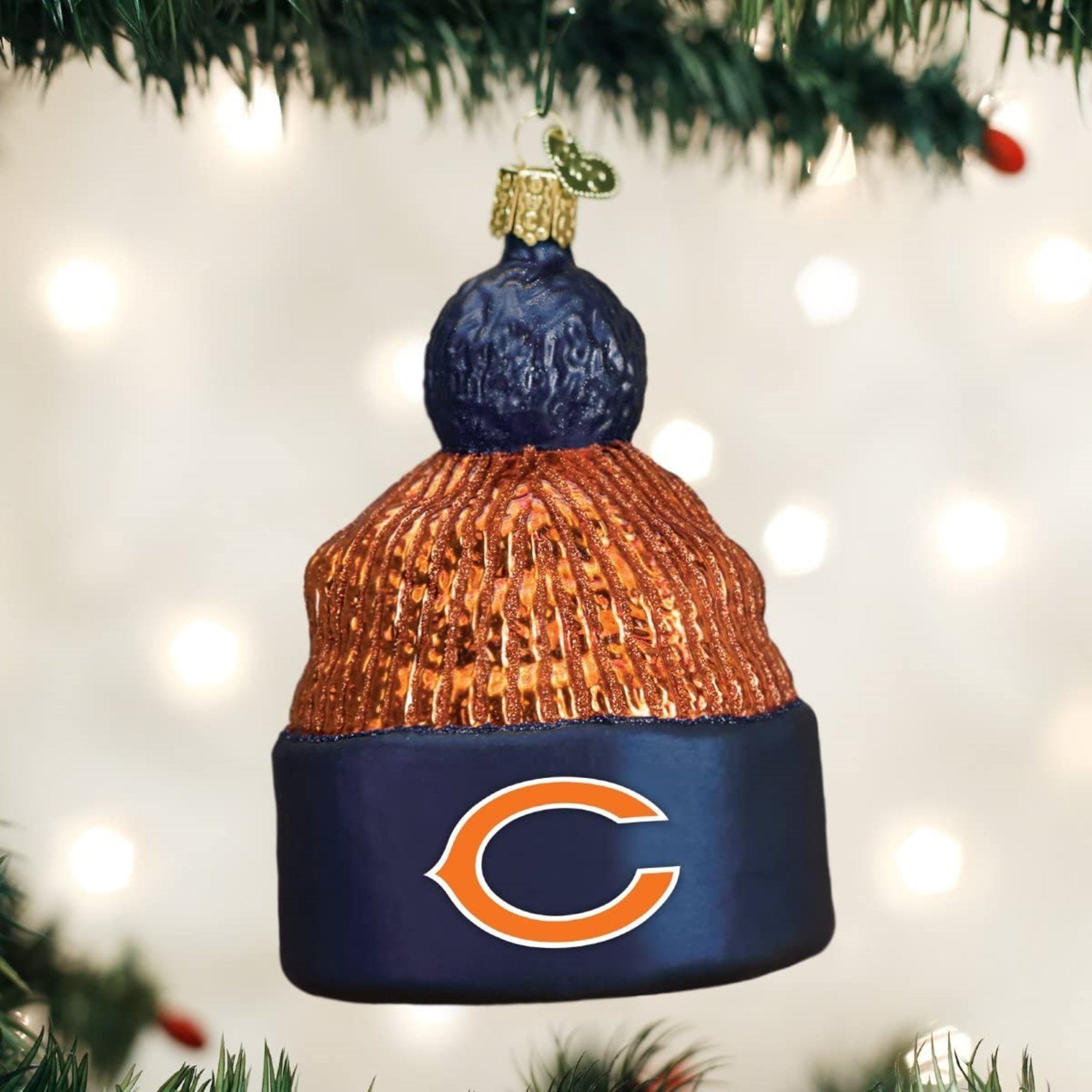 Old World Christmas Blown Glass Ornament for Christmas Tree, Chicago Bears Beanie