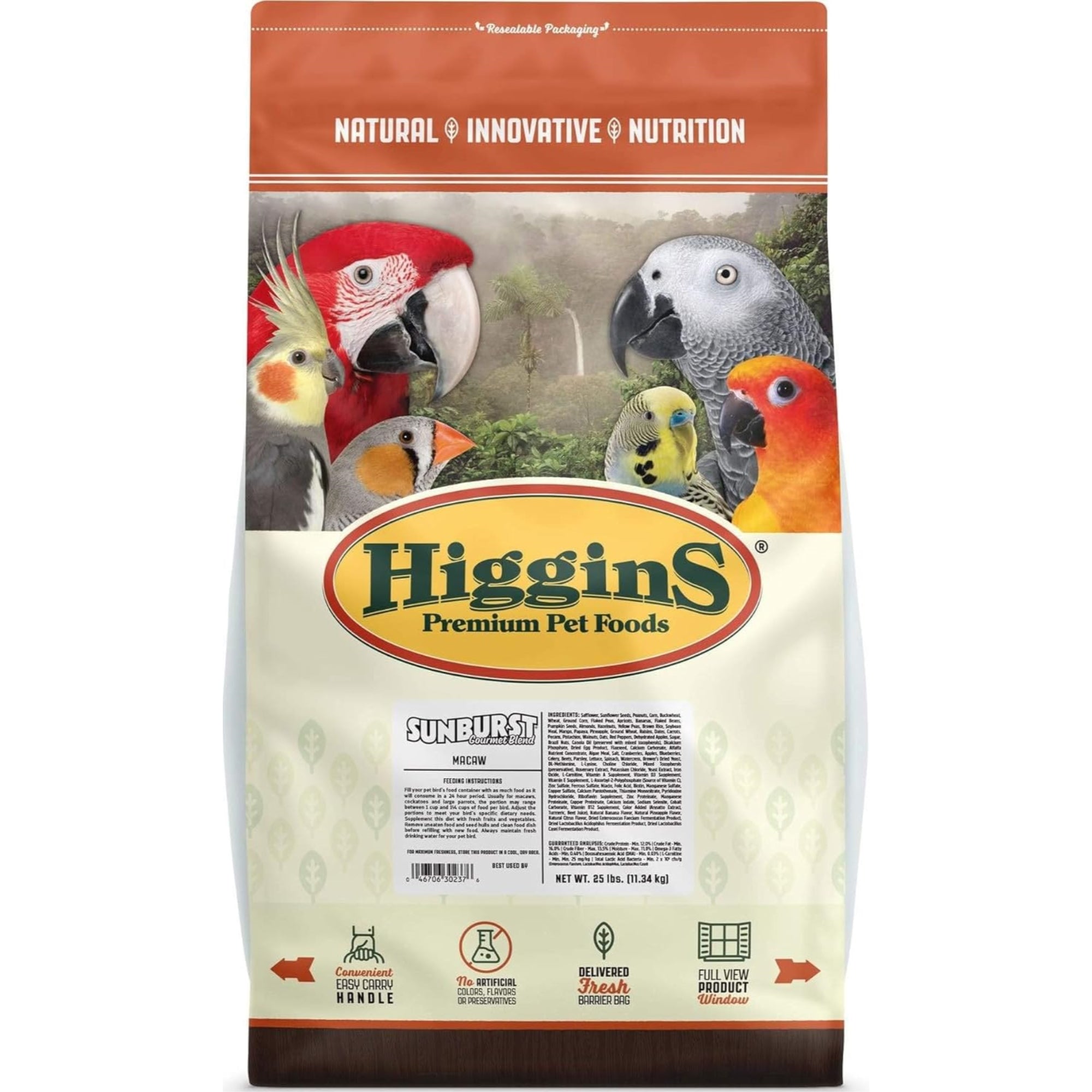 Higgins Sunburst Gourmet Bird Food Blend for Macaws, Food and Treat in One, 25lbs