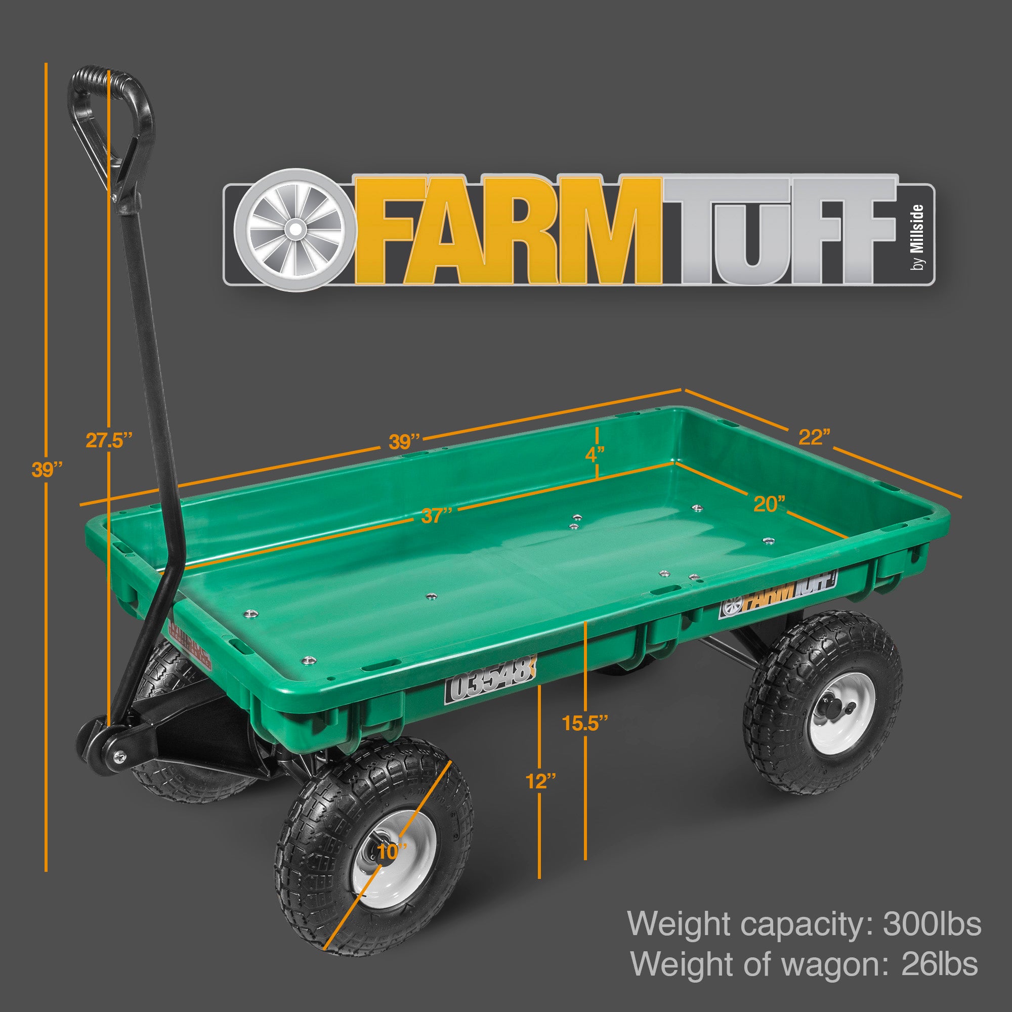 Farm Tuff Durable Plastic Deck Garden Wagon Utility Cart with Flat-Free Tires, Green, 20" x 38"