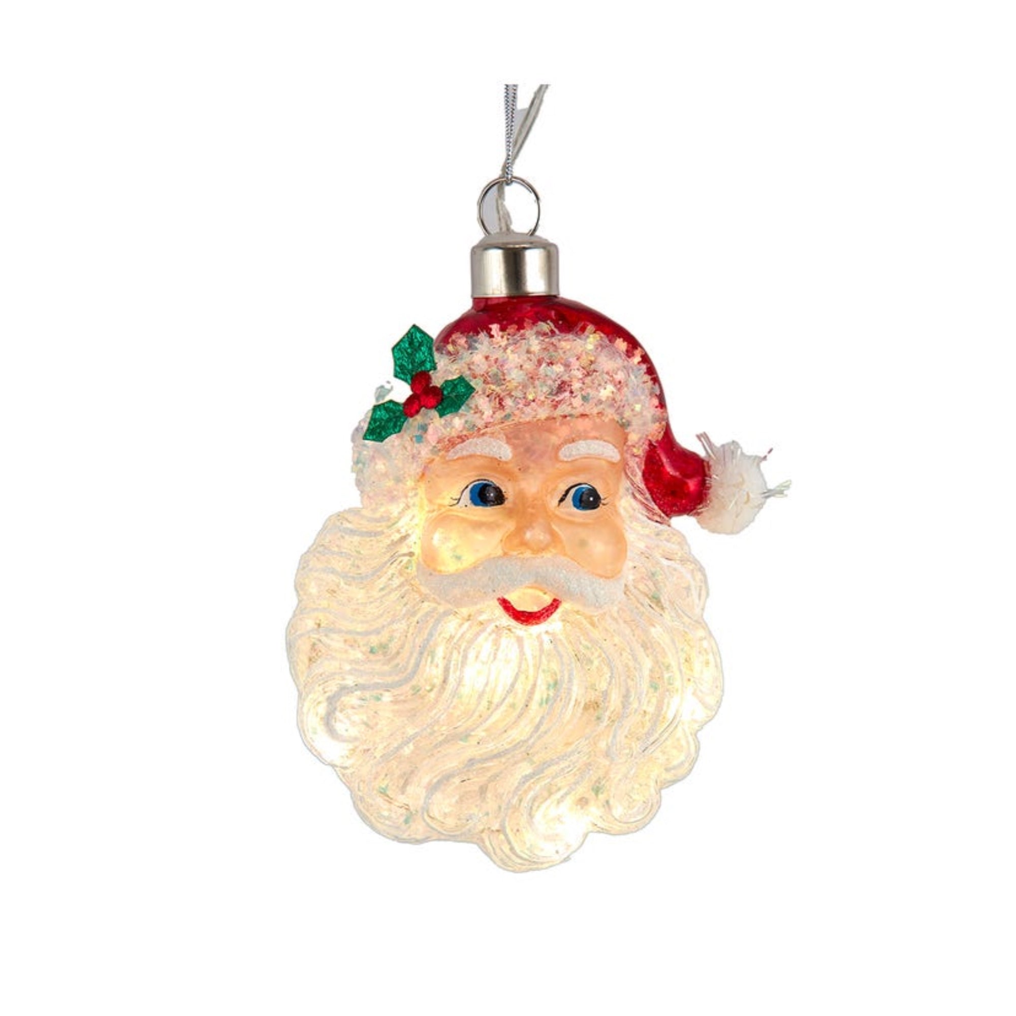 Kurt Adler Pre-lit Hanging Glass Ornament, Warm White LED's, USB-Powered Santa Head