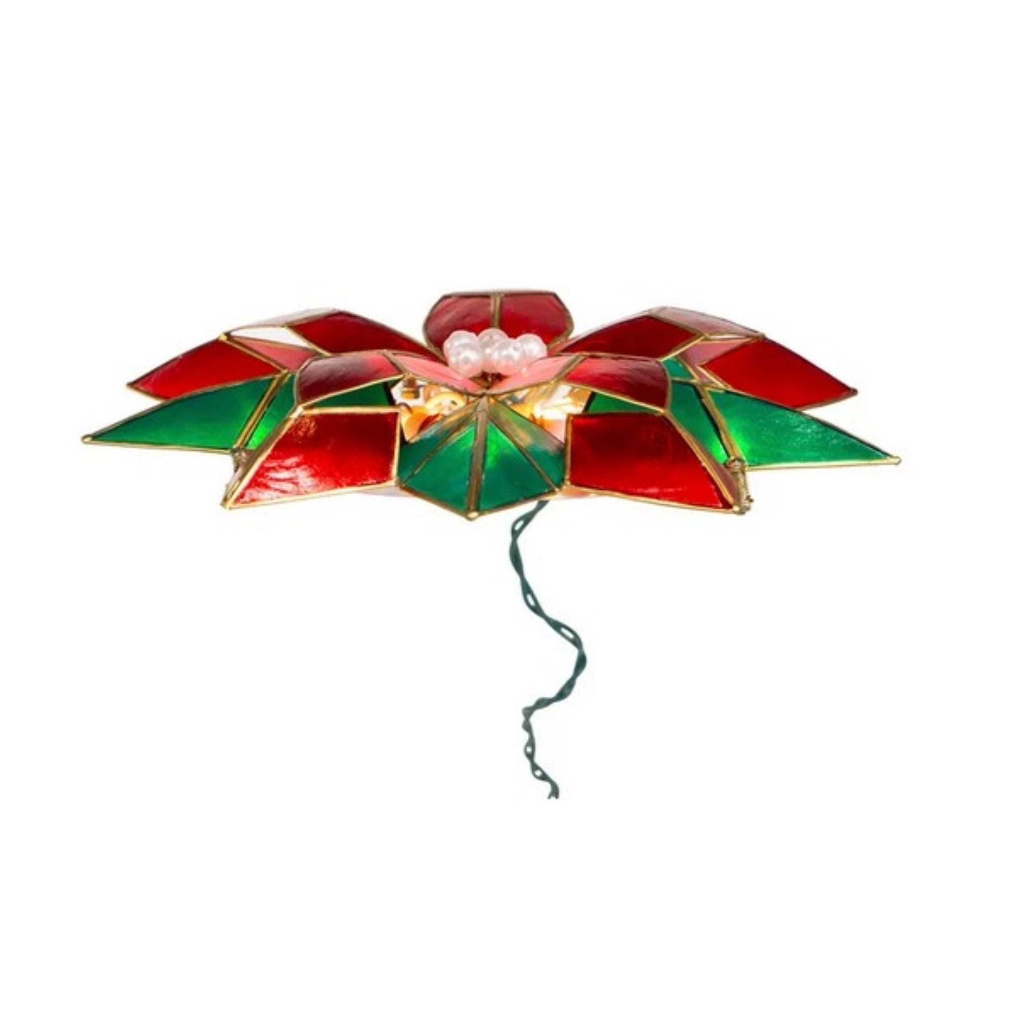 Kurt Adler 10-Point Illuminated Multi-Point Capiz Shell Poinsettia for Indoor Christmas Treetop, 10 Warm White Incandescent Lights, Red and Green, 9.5"