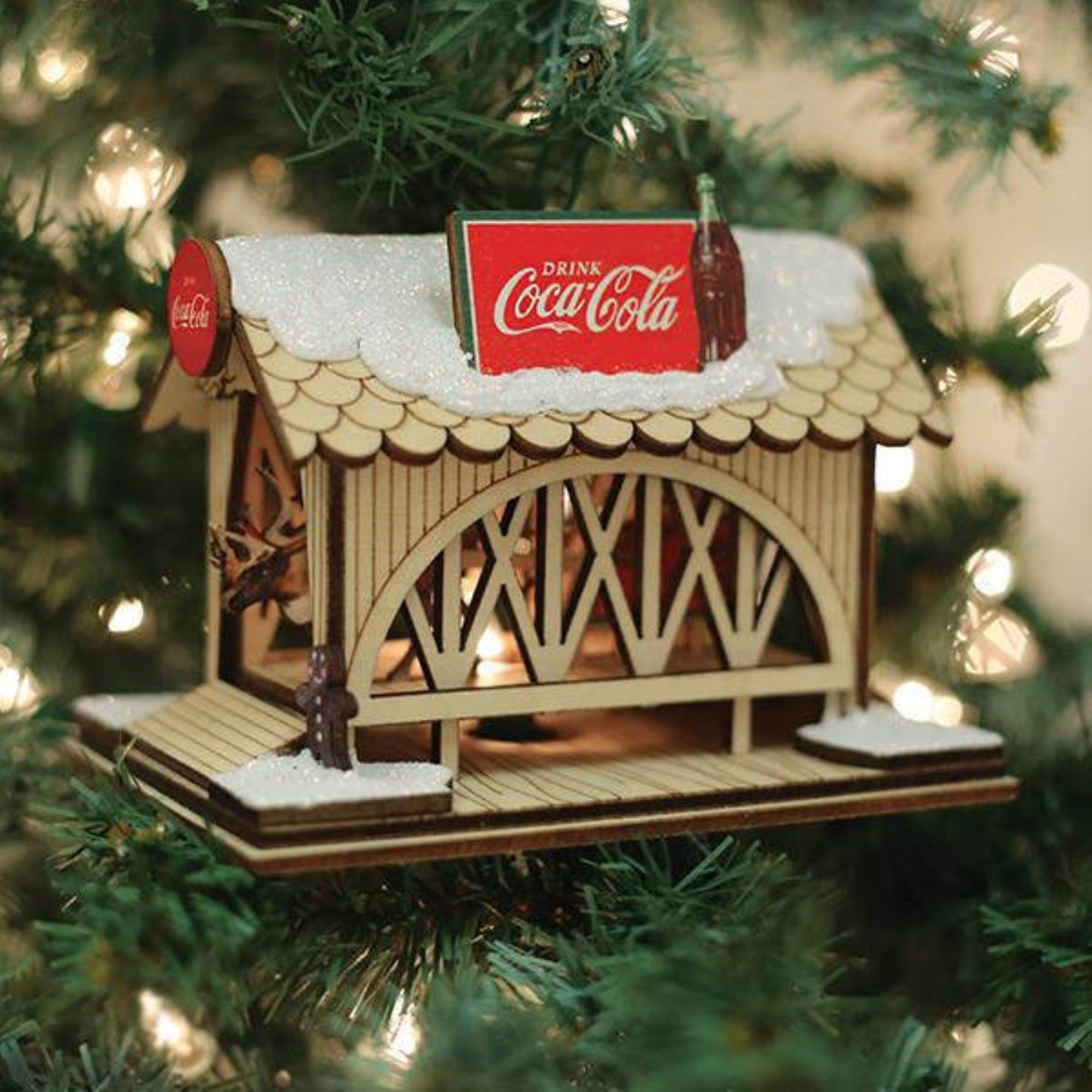 Old World Christmas Ginger Cottage Wooden Ornament for Christmas Tree, Coca Cola Covered Bridge