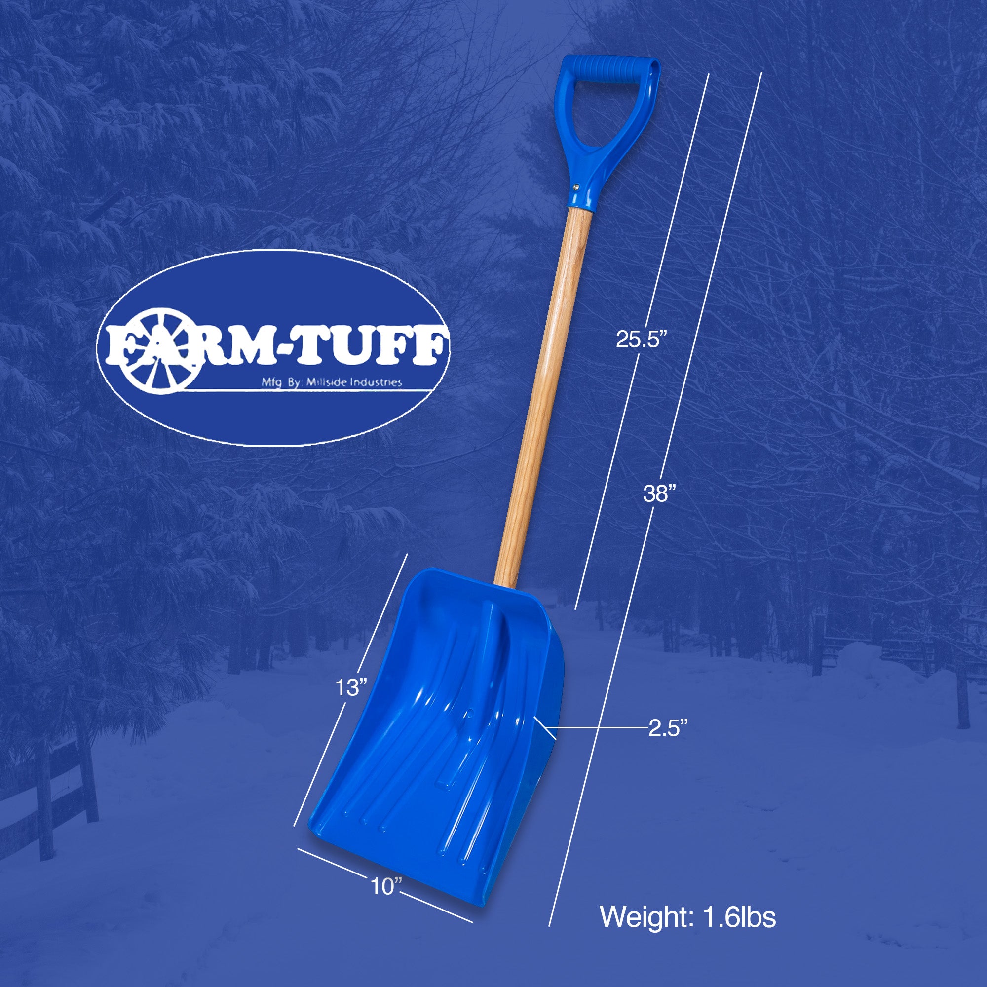 FARM-TUFF Durable Car and Trunk Multipurpose Shovel with Ash Hardwood Handle and Non Stick Plastic Blade, Blue, 10in