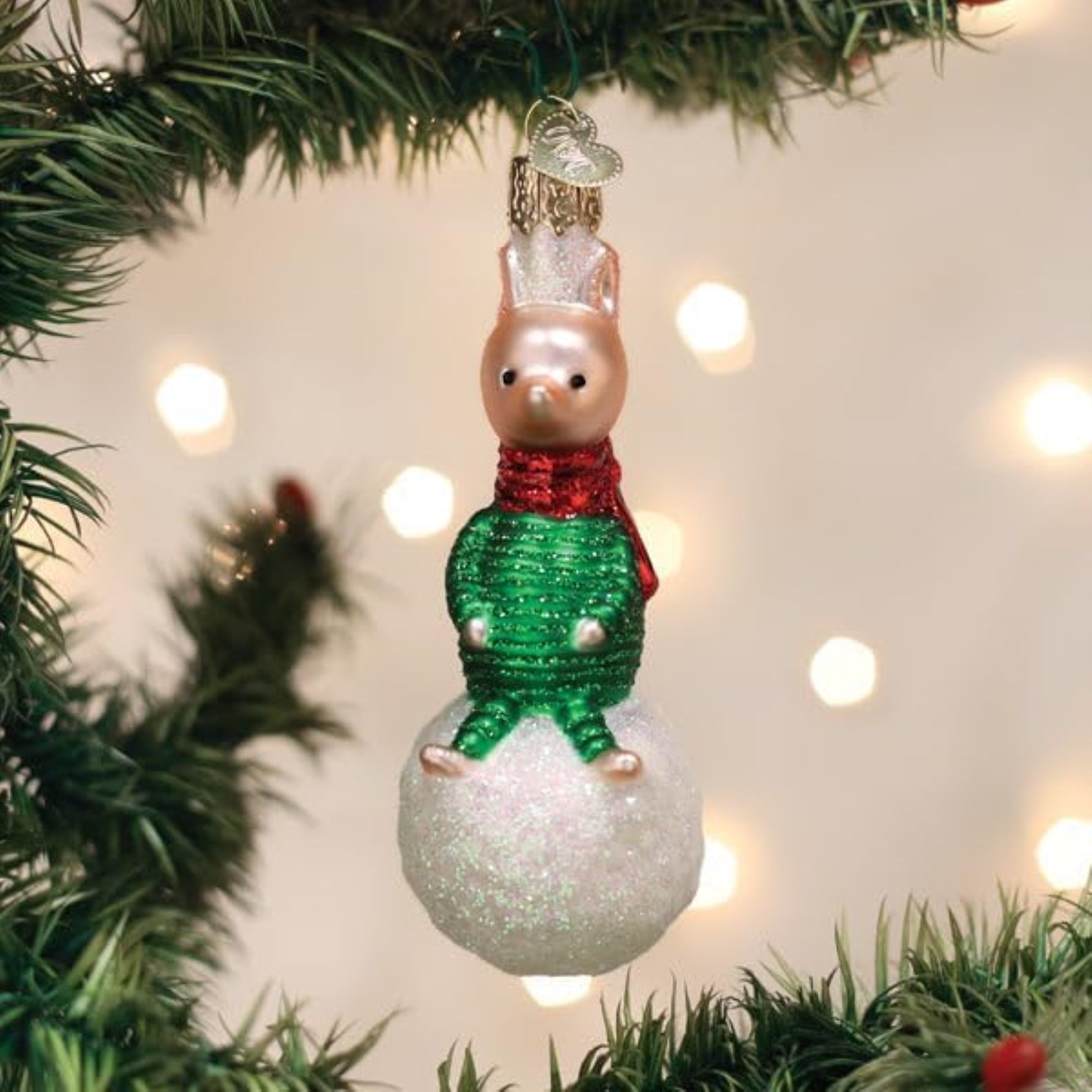 Old World Christmas Blown Glass Ornament for Christmas Tree, Piglet On Snowball (with OWC Gift Box)