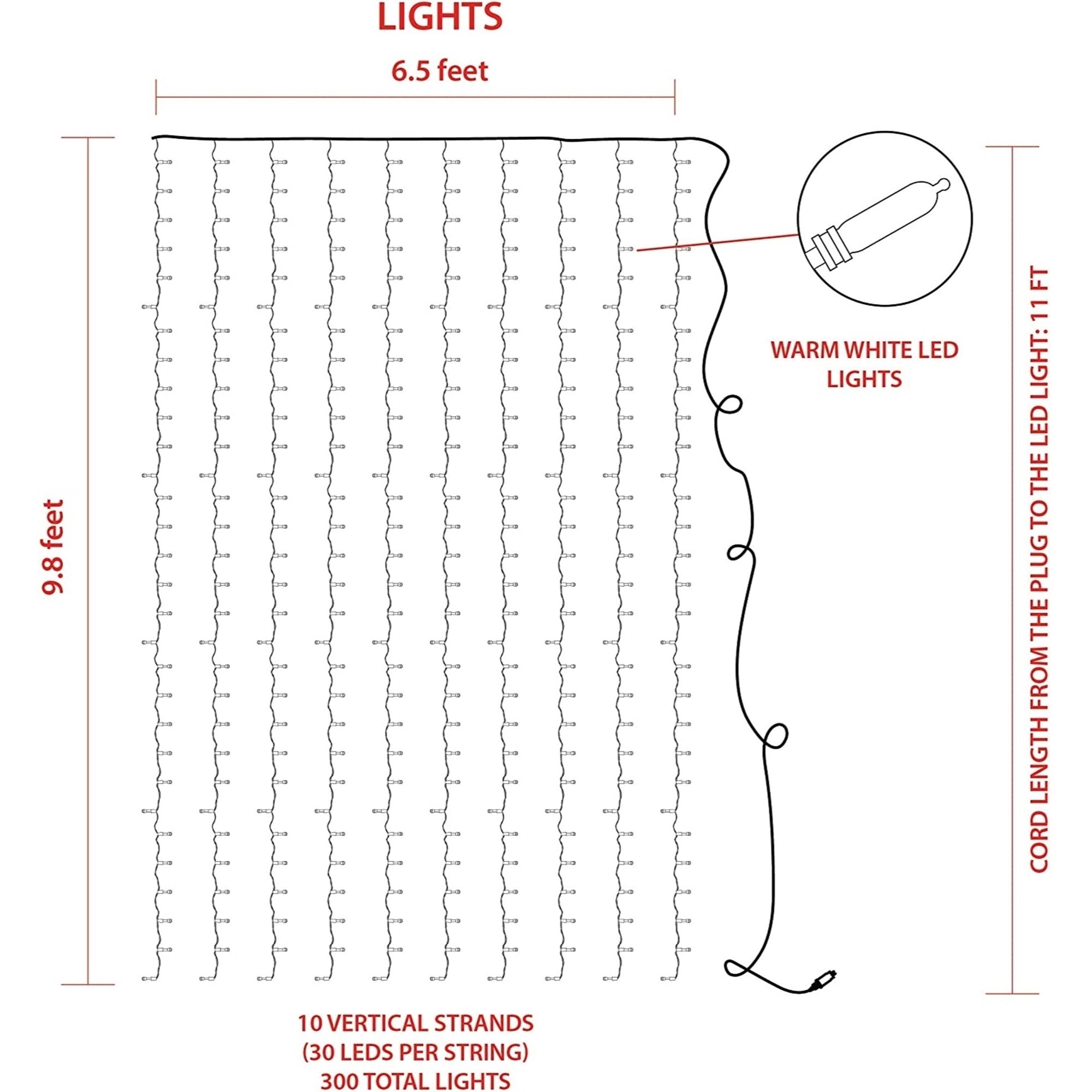 ProductWorks Indoor/Outdoor LED String Light Curtain with 8-Function Controller, 300 LED-Mini Bulbs on White Wire, White, 6.5ft x 10ft