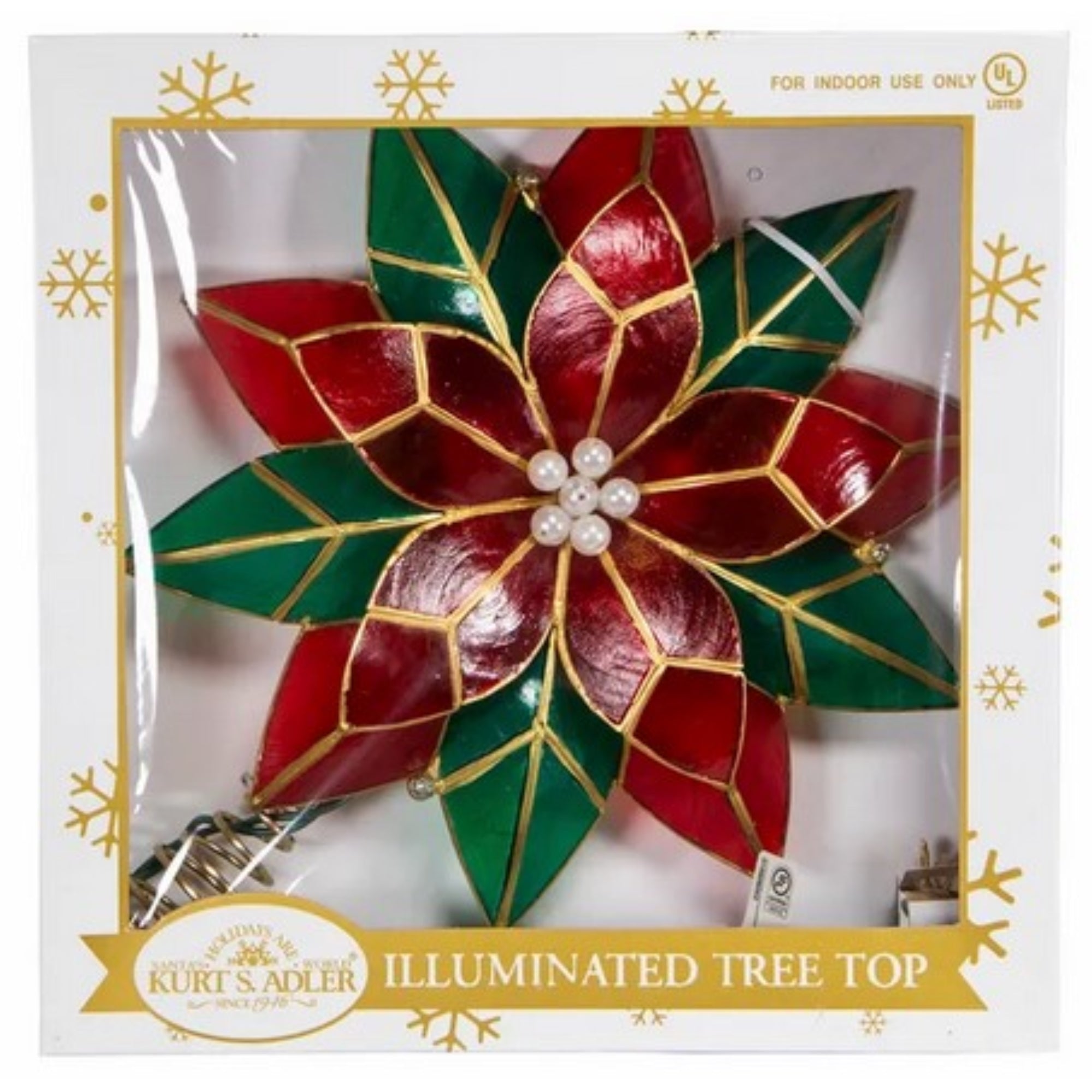 Kurt Adler 10-Point Illuminated Multi-Point Capiz Shell Poinsettia for Indoor Christmas Treetop, 10 Warm White Incandescent Lights, Red and Green, 9.5"