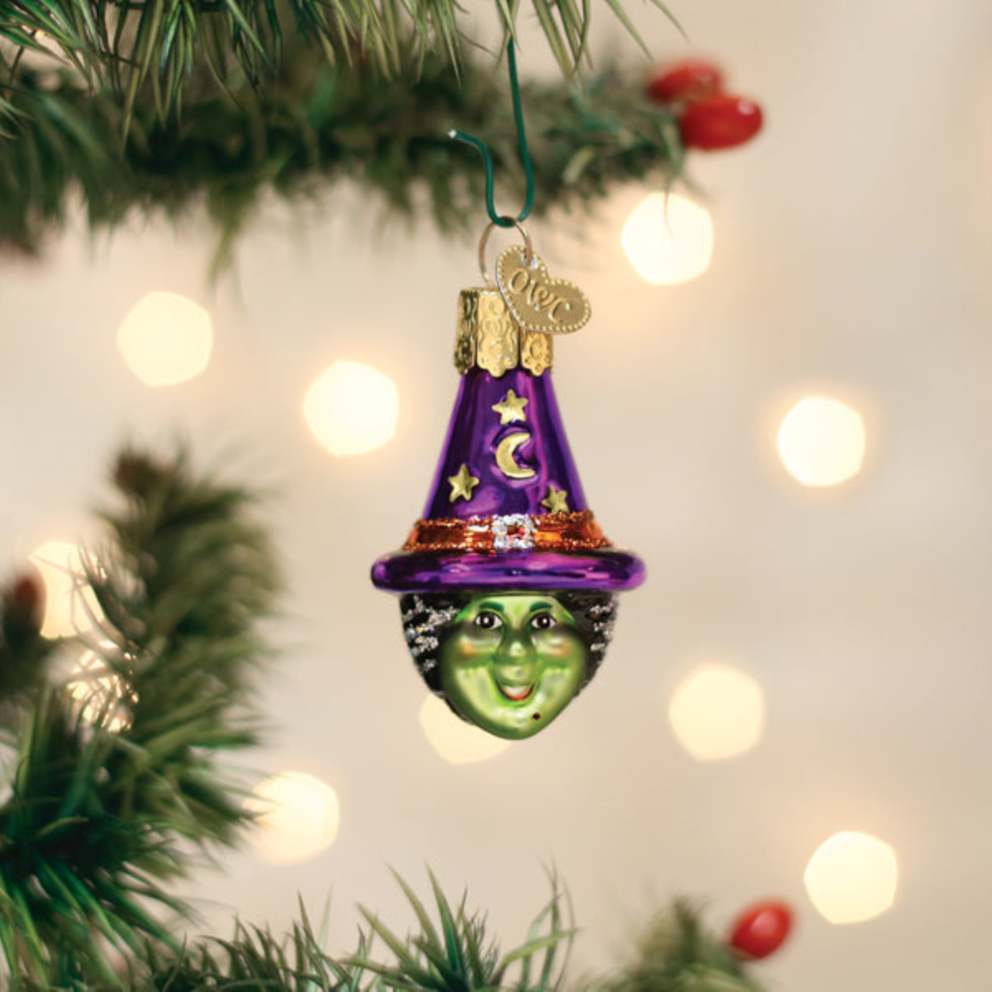 Old World Christmas Blown Glass Hanging Ornament for Halloween, Mini Witch Head (with OWC Gift Box)