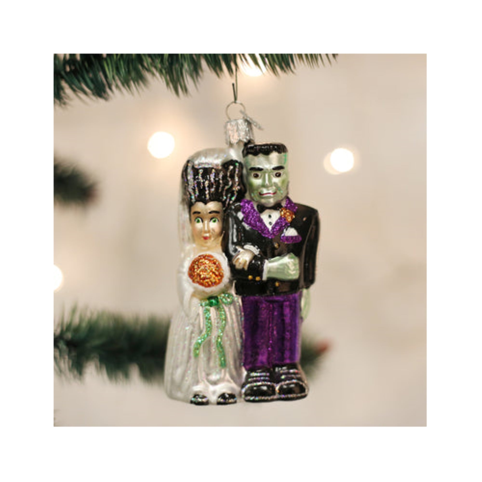 Old World Christmas Glass Blown Frankenstein and Bride Ornament