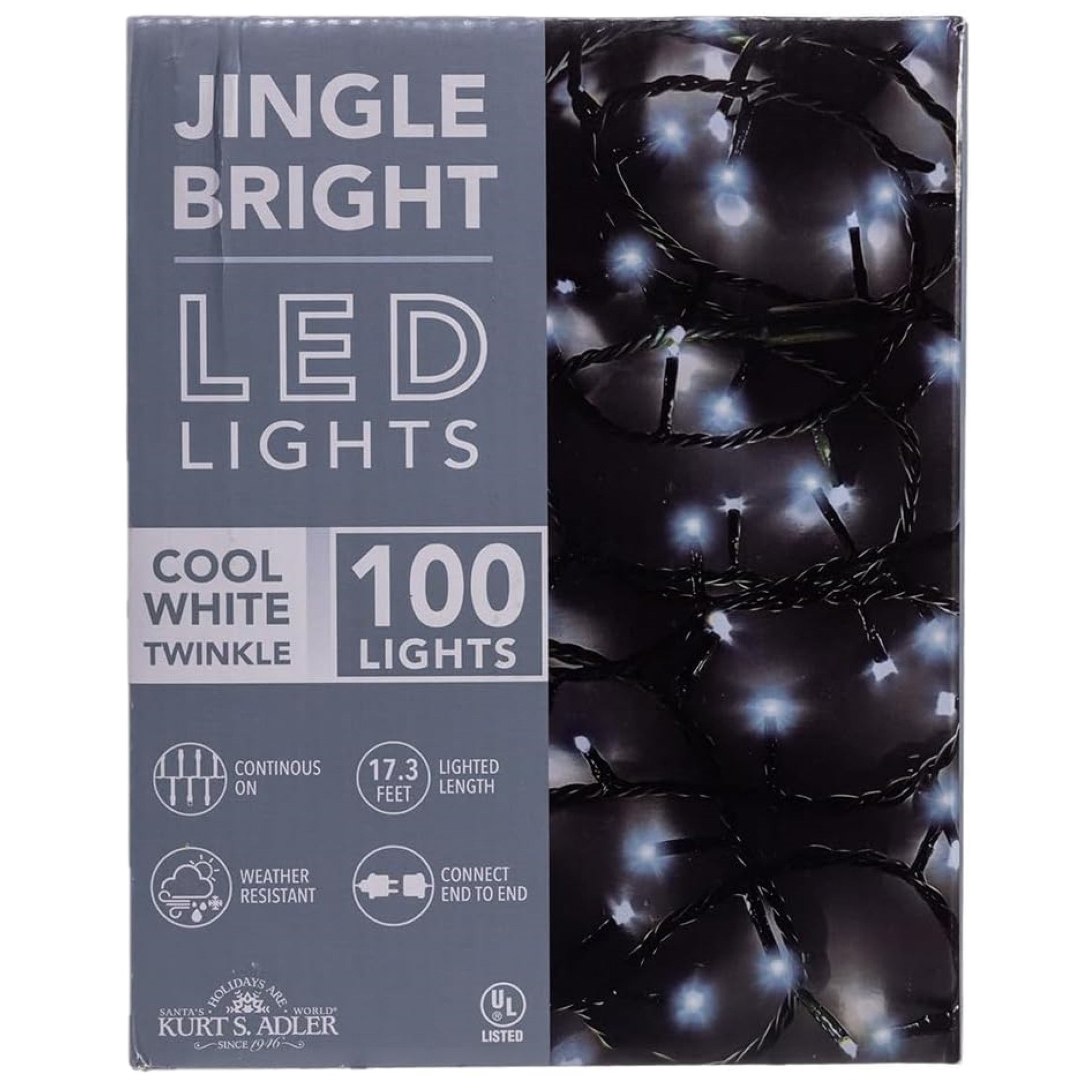 Kurt Adler Indoor/Outdoor Jingle Bright LED Light Set, 100 LED Lights on Green Wire, Cool White Twinkle, 17ft