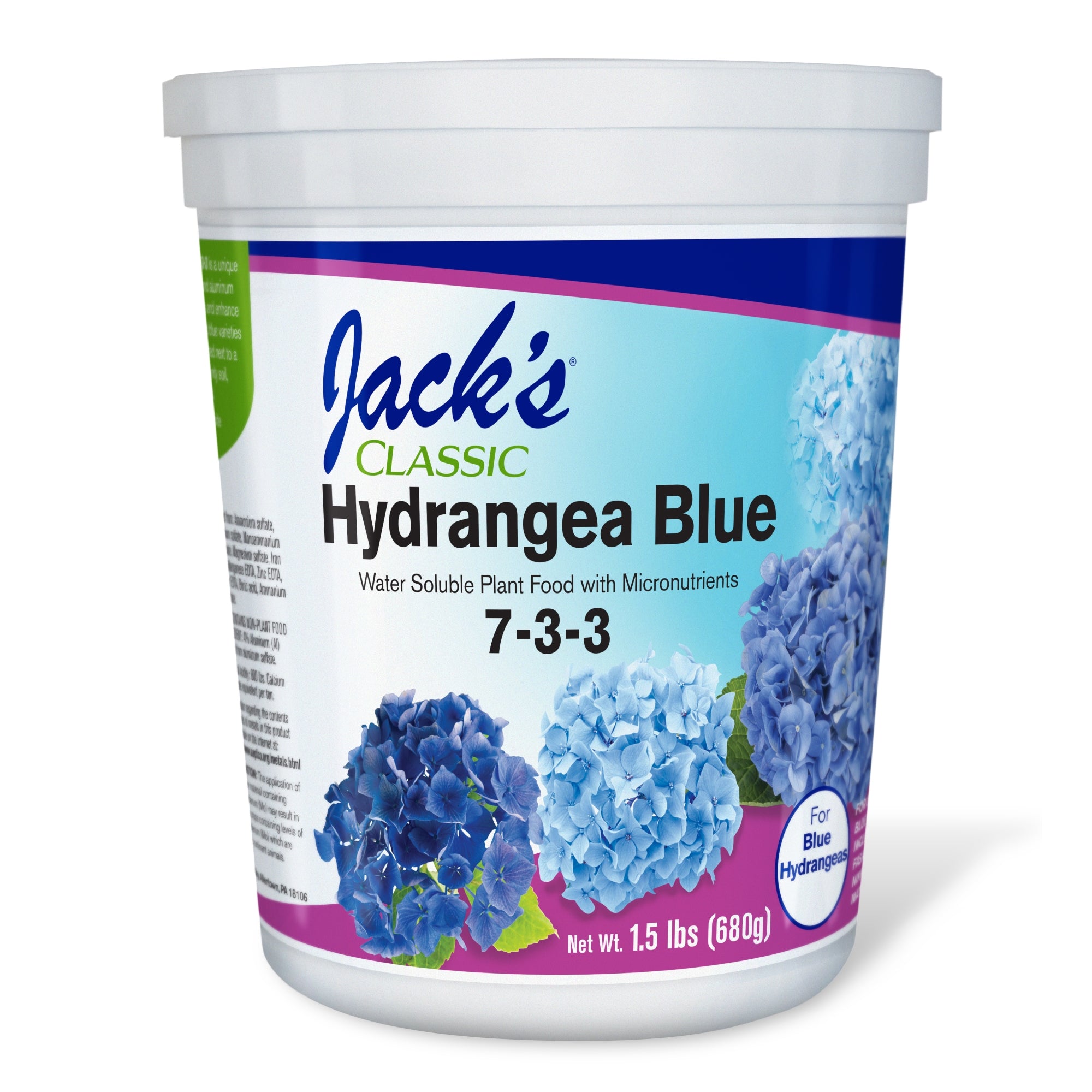 Jack's Classic 7-3-3 Hydrangea Blue Water-Soluble Fertilizer with Micronutrients to Enhance Blue Flowers, 1.5lbs
