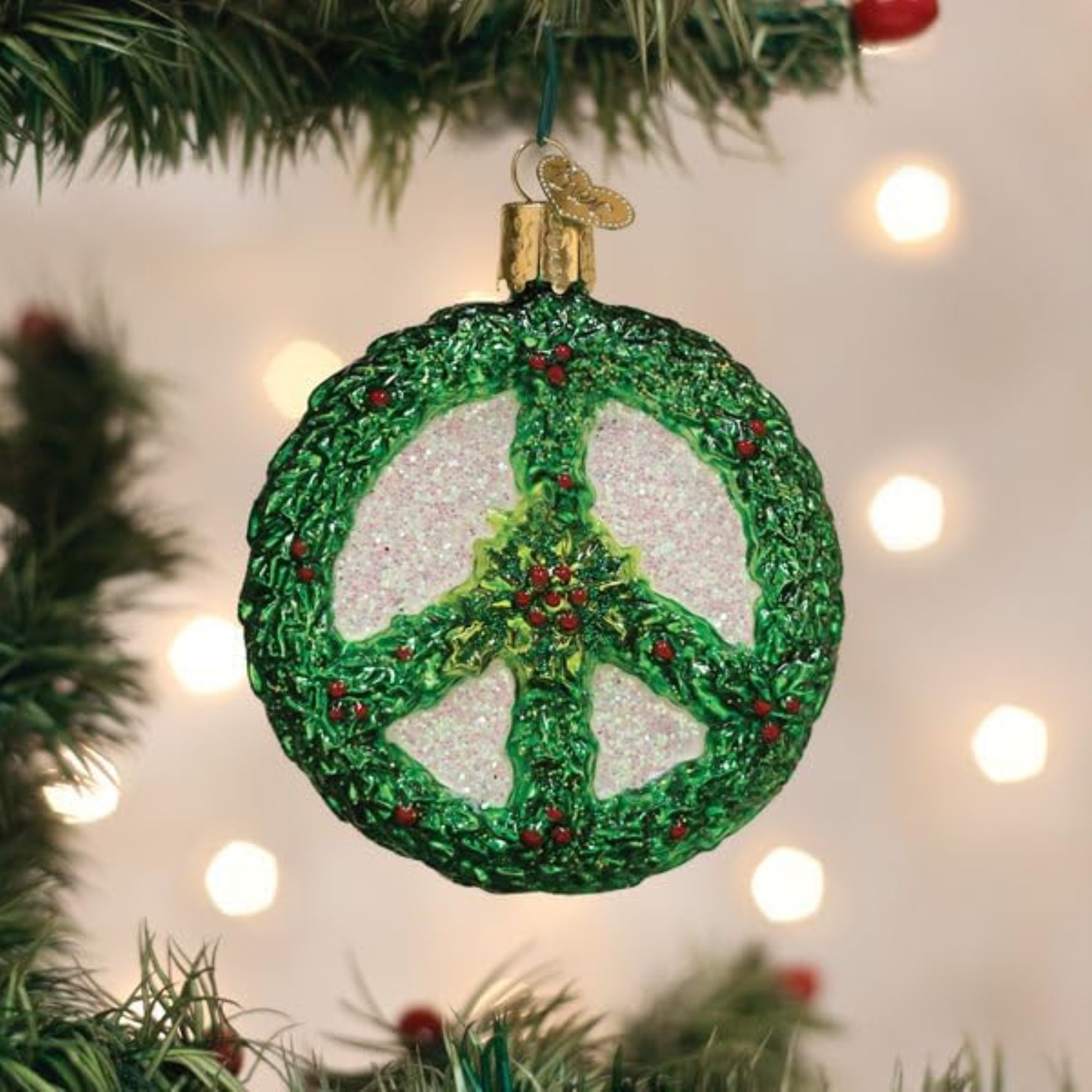 Old World Christmas Blown Glass Ornament for Christmas Tree, Holly Peace Symbol (with OWC Gift Box)