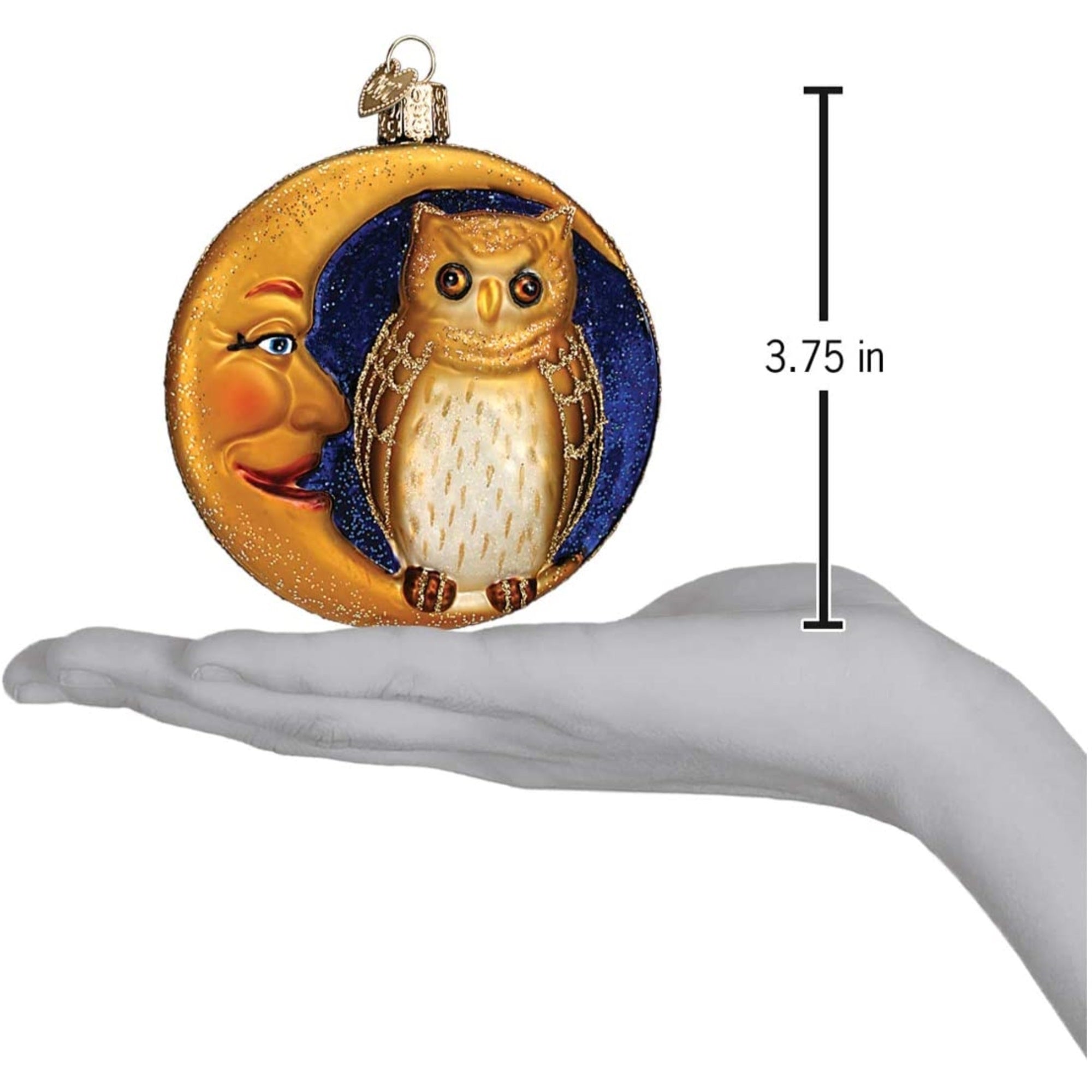 Old World Christmas Glass Blown Ornament Owl in Moon, 3.75"