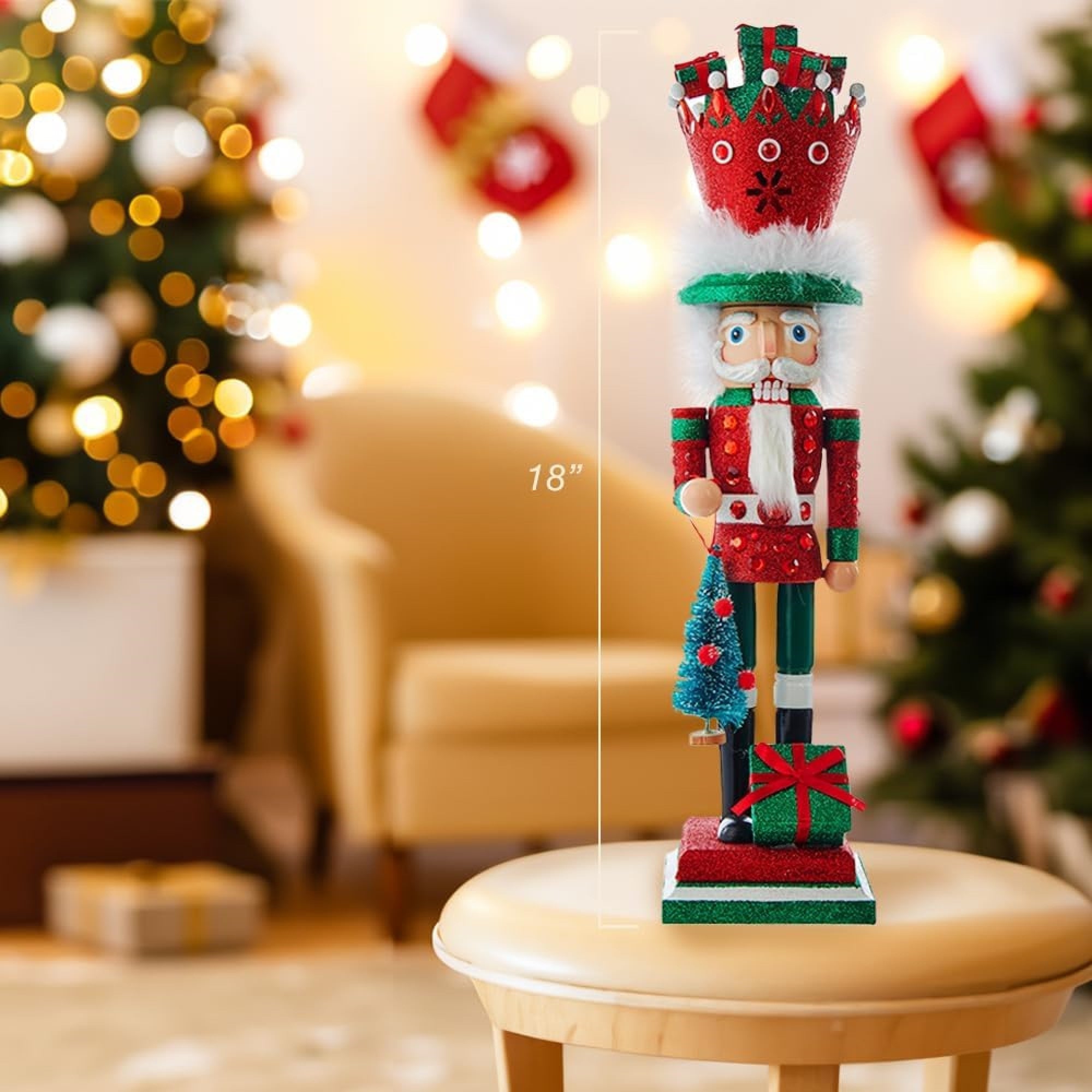 Kurt Adler Wooden Hollywood Nutcracker Collection, Red & Green Suit with Presents Crown, 18in