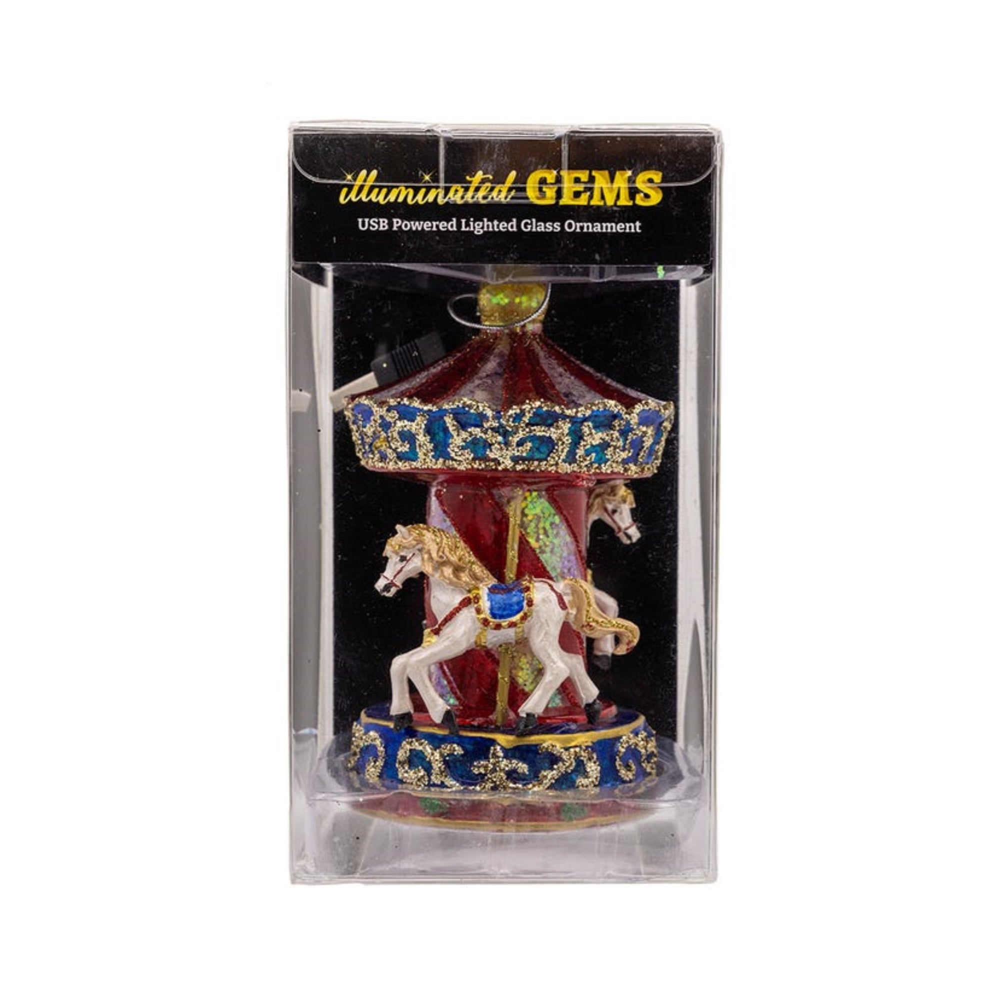 Kurt Adler Pre-lit Hanging Glass Ornament, Warm White LED's, USB-Powered Carousel