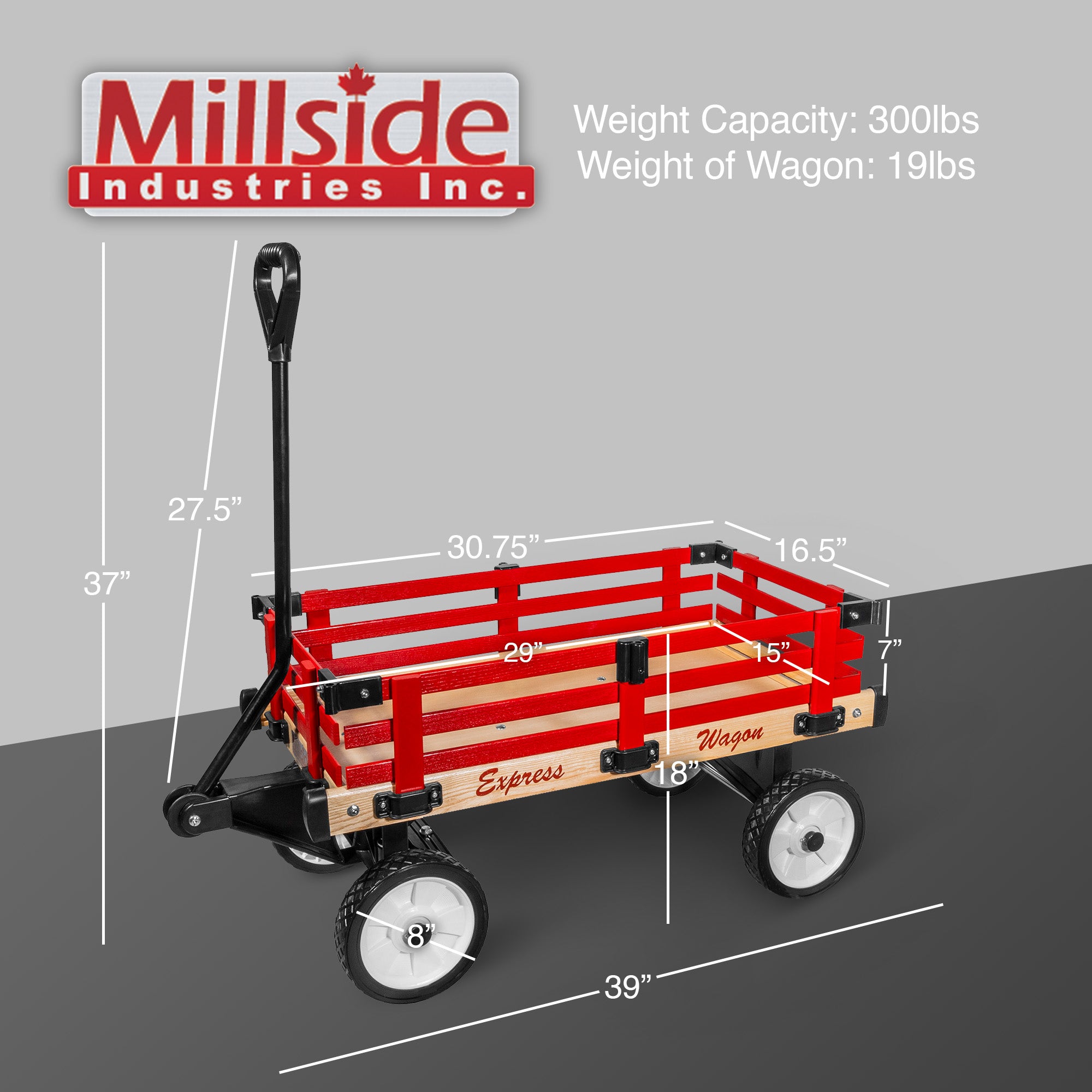 Millside Industries All Season Convertible Wood Wagon Cart with Flat-Free Tires and Sleigh Runners, Red, 16" x 34"