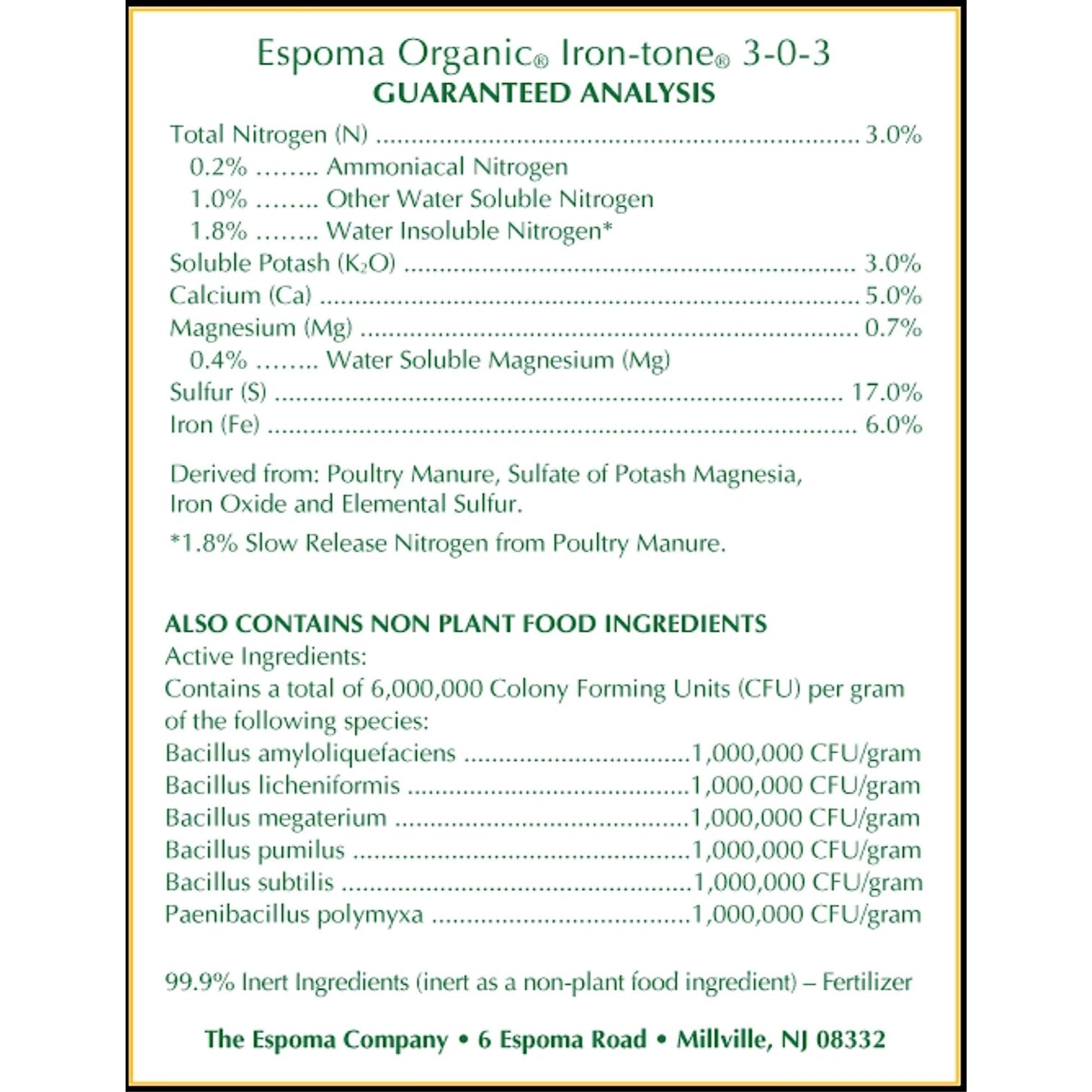 Espoma Organic Iron-tone 3-0-3 Plant Food for Organic Gardening, Lowers Soil pH - Turns Yellow to Green for a Greener Lawn and Garden