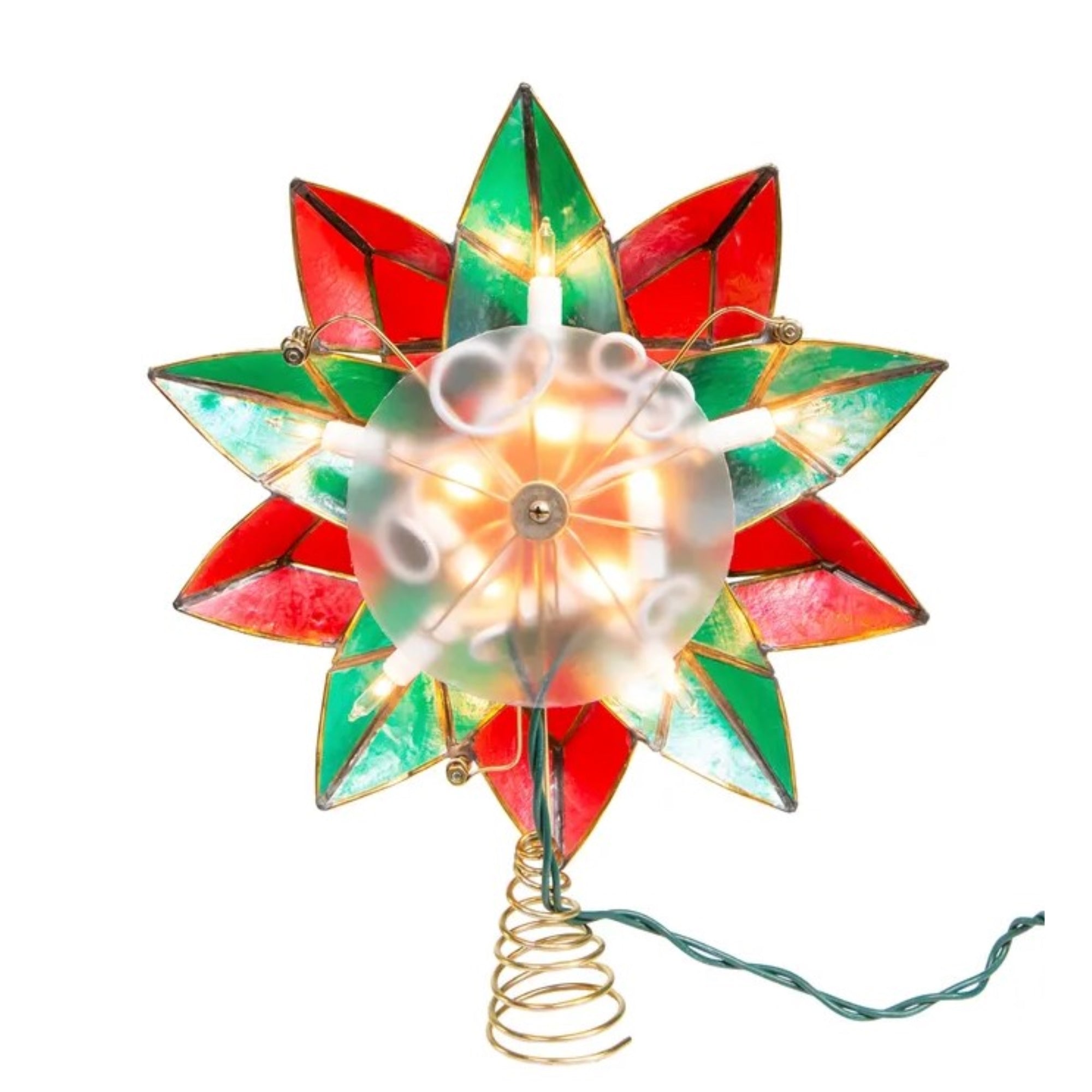 Kurt Adler 10-Light LED Capiz Poinsettia Tree Topper, Red & Green, 9.5"