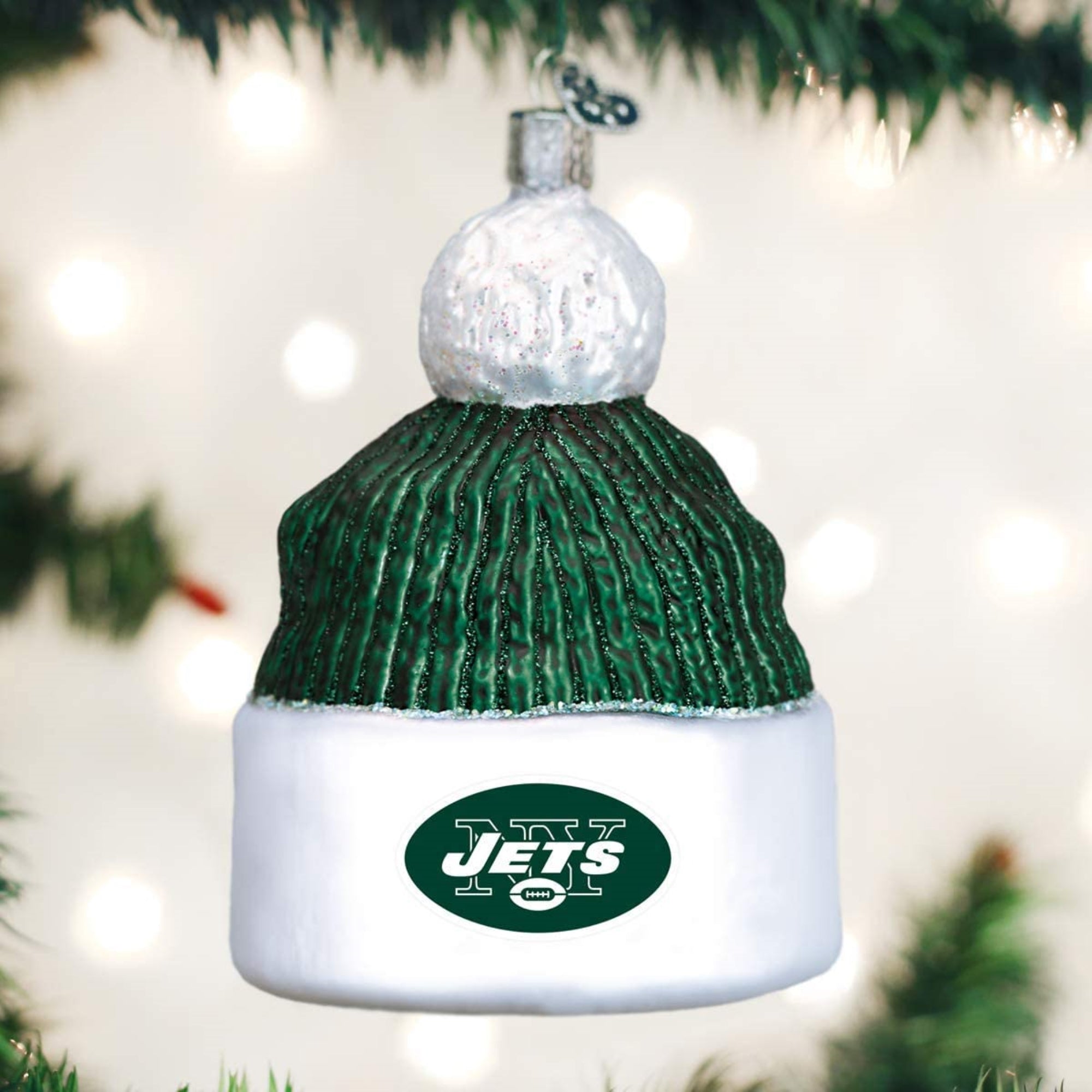 Old World Christmas Blown Glass Ornament for Christmas Tree, New York Jets Beanie