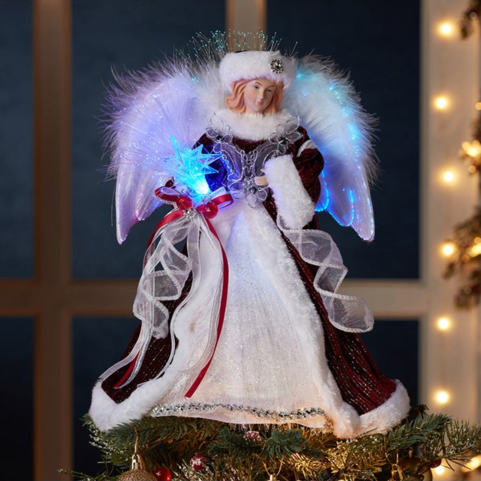 Kurt Adler 7-Light Color Changing Fiber-Optic LED Angel Treetop, Silver and Burgundy, 12"