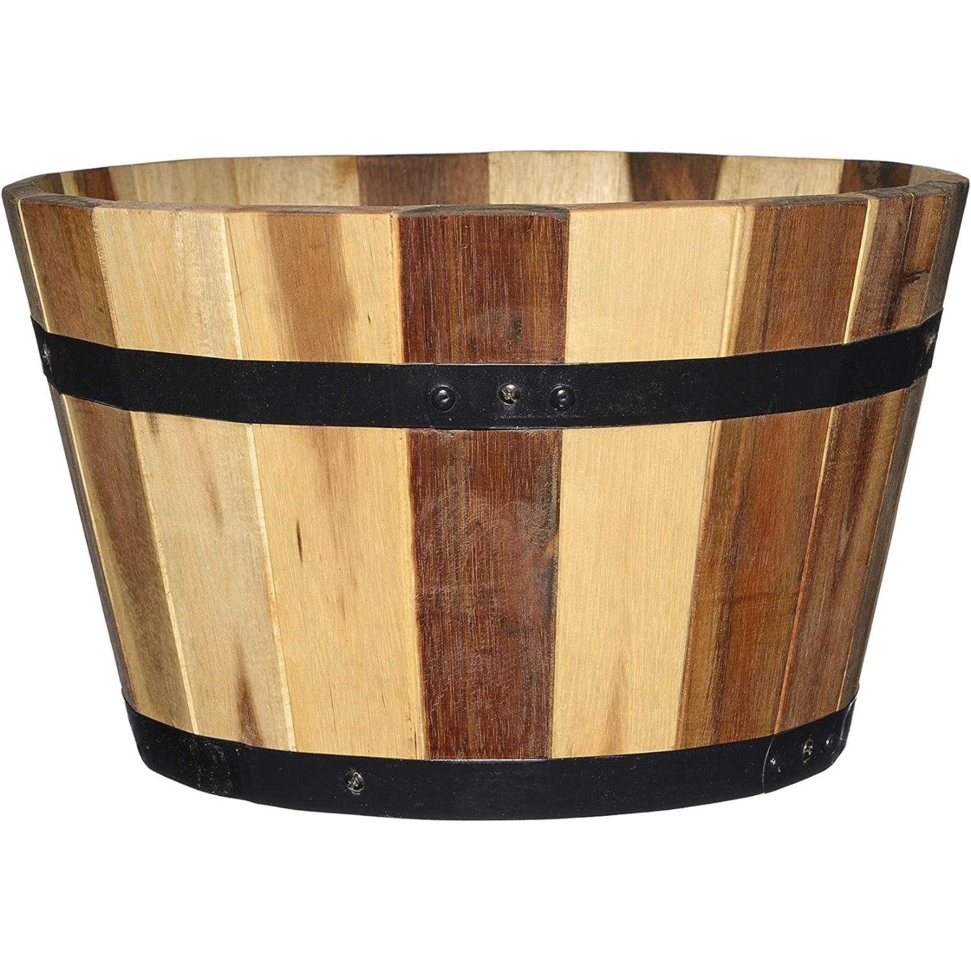 Classic Home and Garden Acacia Wood Whiskey Barrel Planters with Black Metal Band, Assorted Sizes (Set of 3)