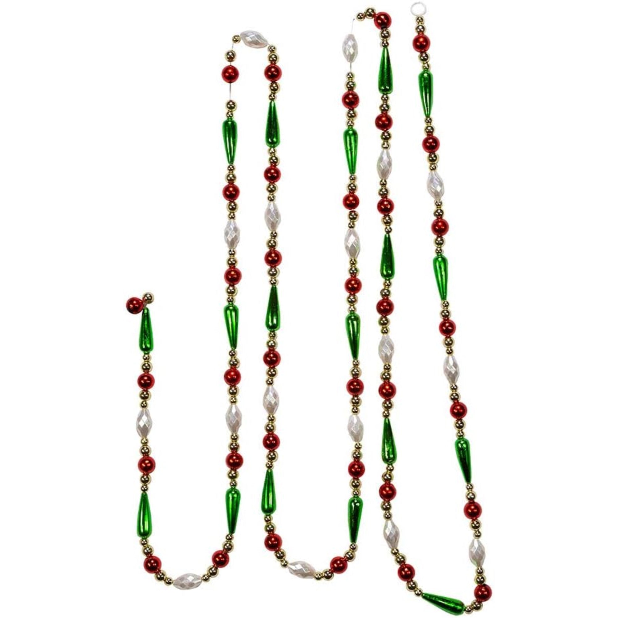 Kurt Adler Gold, Red, Green and White Round Bead with Water Drop Beaded Garland, 9 Ft
