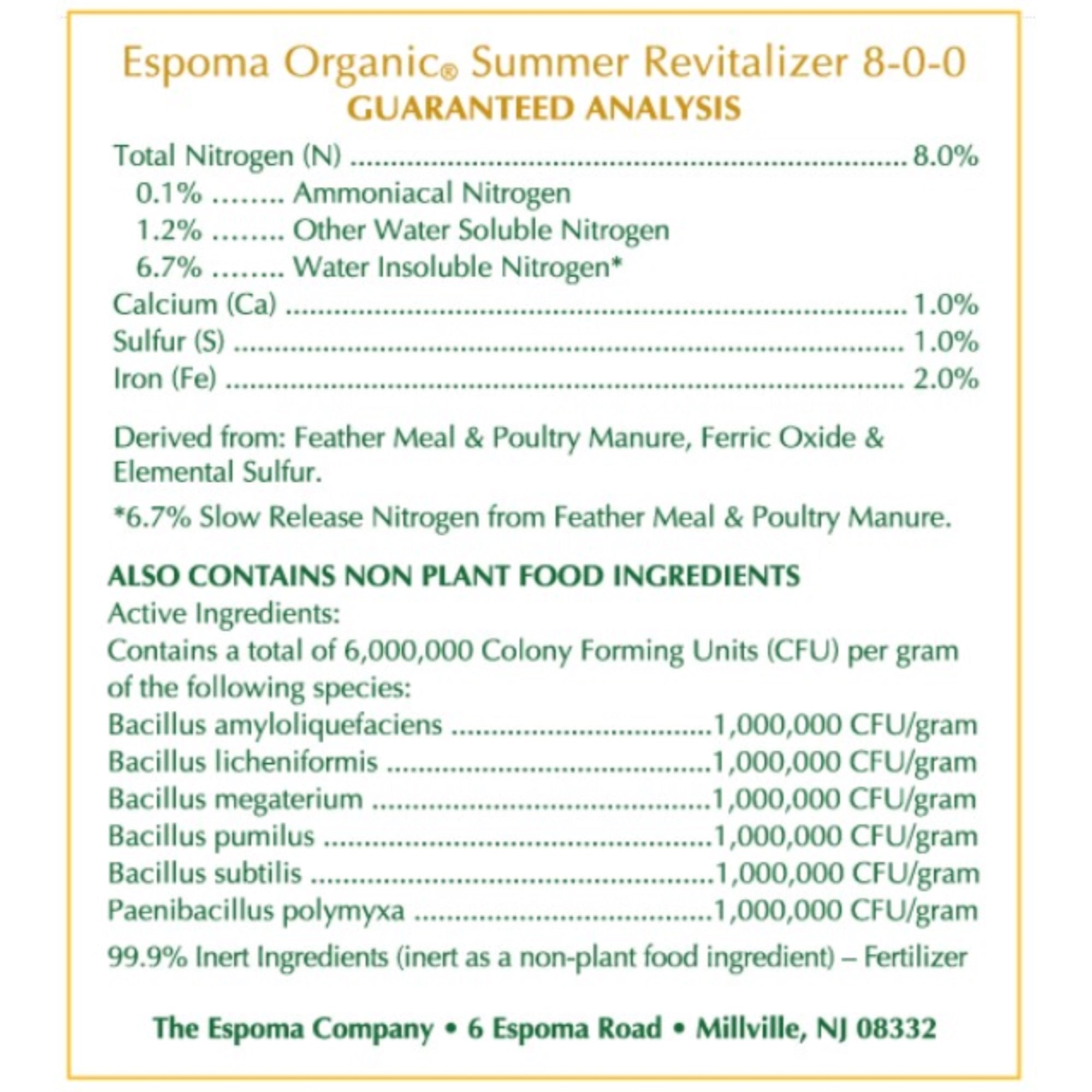 Espoma Organic 8-0-0 Lawn Food Summer Revitalizer Natural & Organic for All Lawns, Provides Iron & Long-Lasting Organic Nitrogen for a Greener Lawn, 30lb