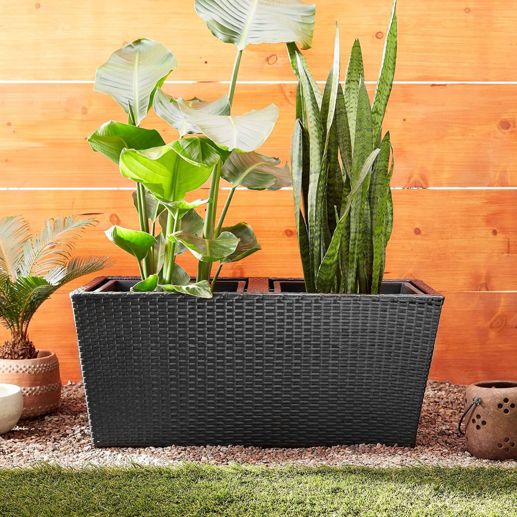 DMC Products Indoor/Outdoor Rectangular Woven Resin Wicker Vista Planter, Black, 32”