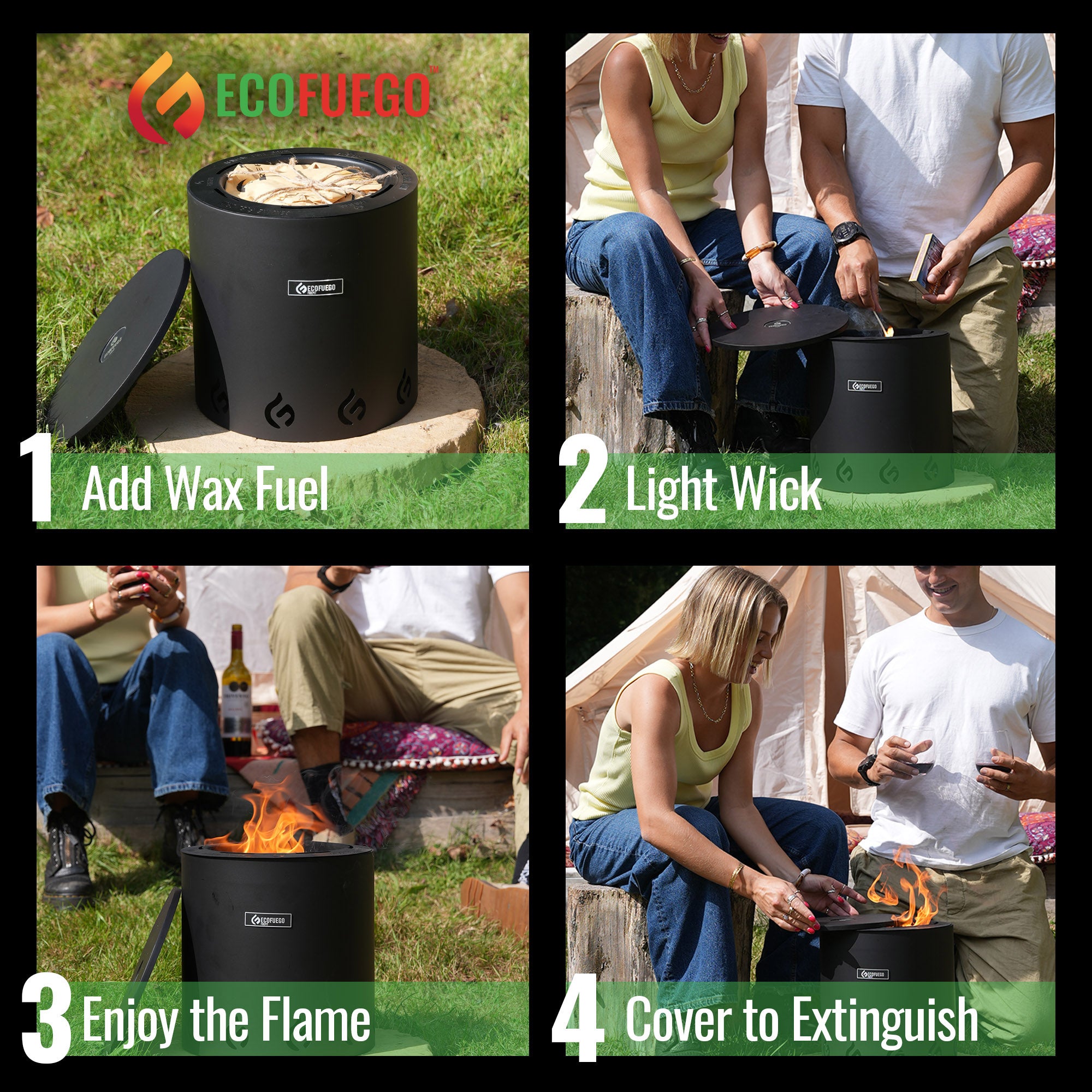 El Campo Portable Wax-Burning Fire Pit – Clean-Burning, No-Wood Fuel with 8-Hour Wax Refill – Compact and Durable for Camping, Travel, and Outdoor Use
