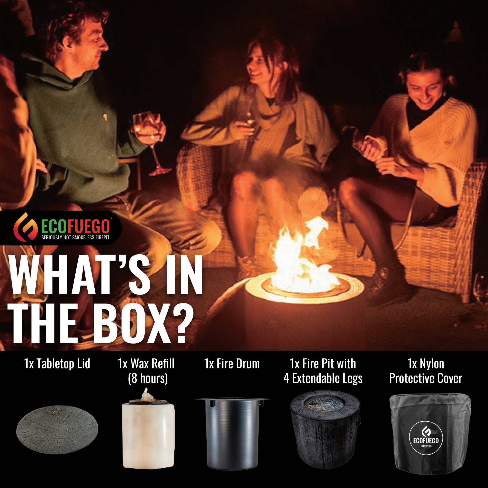 El Fuego Portable Wax Burning Fire Pit - Easy Start, Clean-Burning, No Wood Smoke with 8-Hour Starter Wax Fuel for Interval Burning - Ideal for Patios, Camping and Outdoor Use