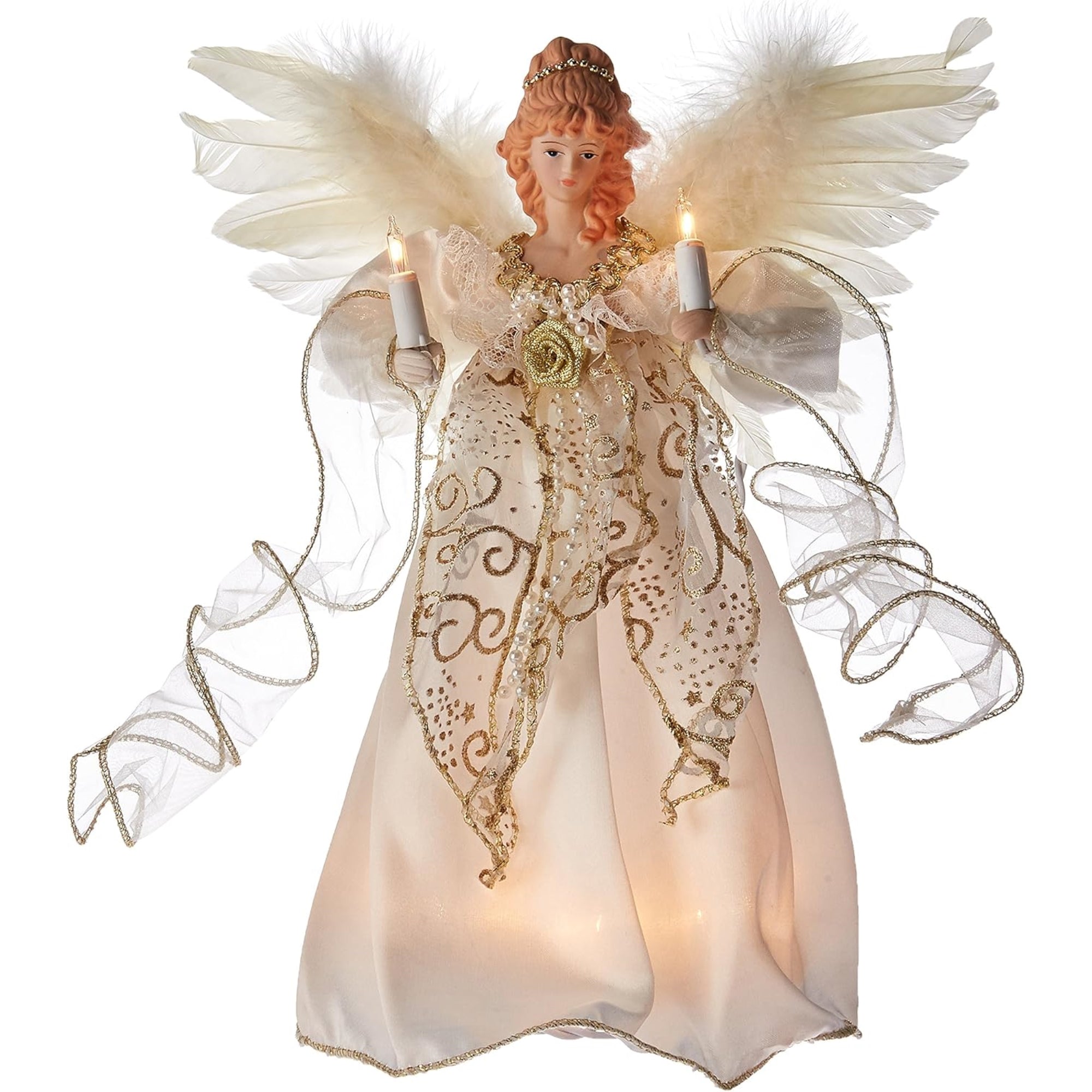 Kurt Adler Ivory and Gold Illuminated Angel Christmas Treetop, 12in