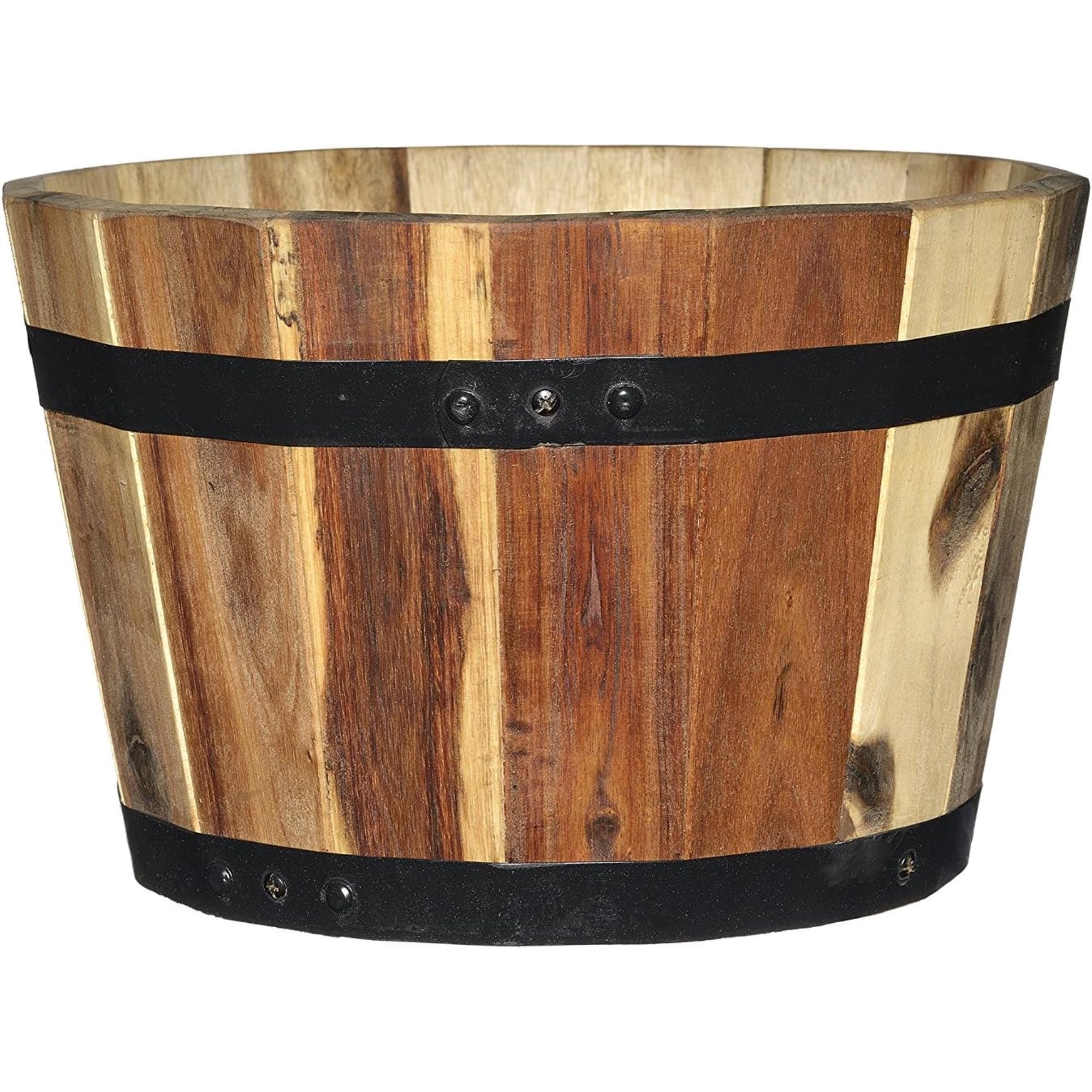 Classic Home and Garden Acacia Wood Whiskey Barrel Planters with Black Metal Band, Assorted Sizes (Set of 3)