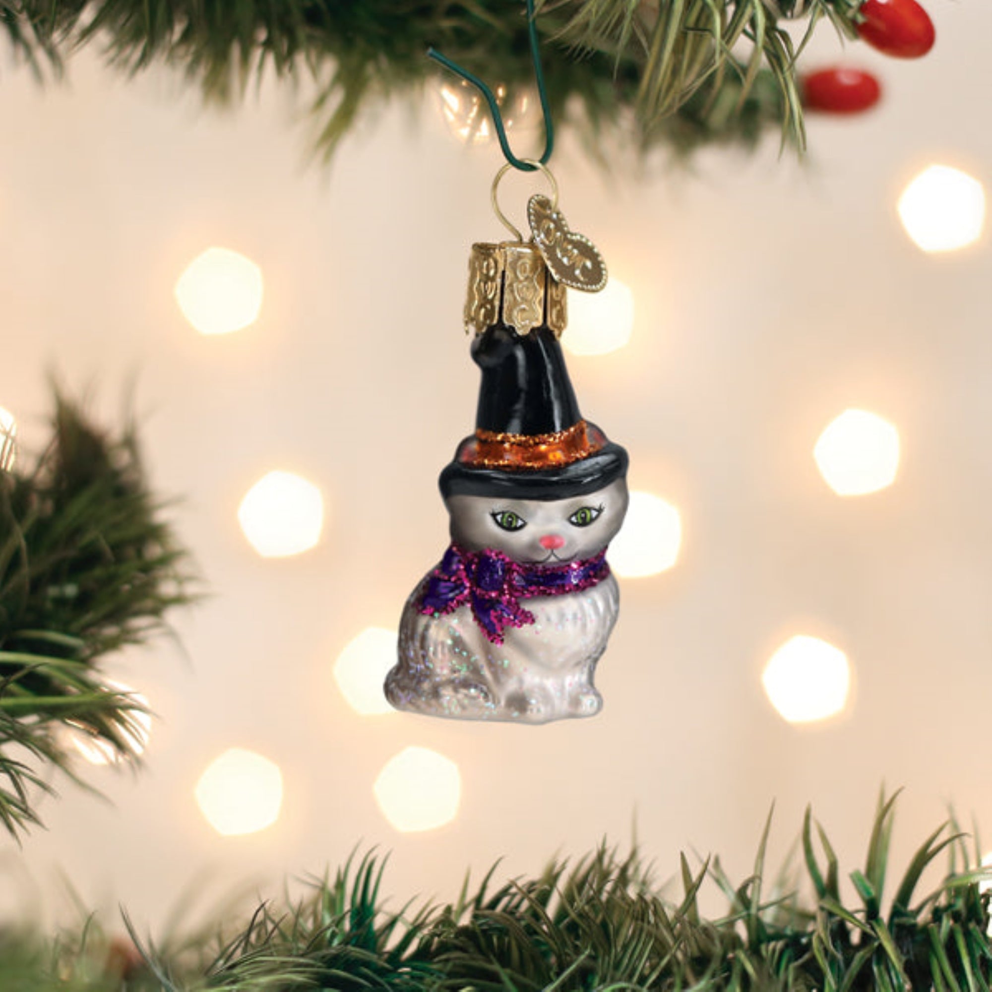 Old World Christmas Blown Glass Hanging Ornament for Halloween, Mini Witch Cat (with OWC Gift Box)