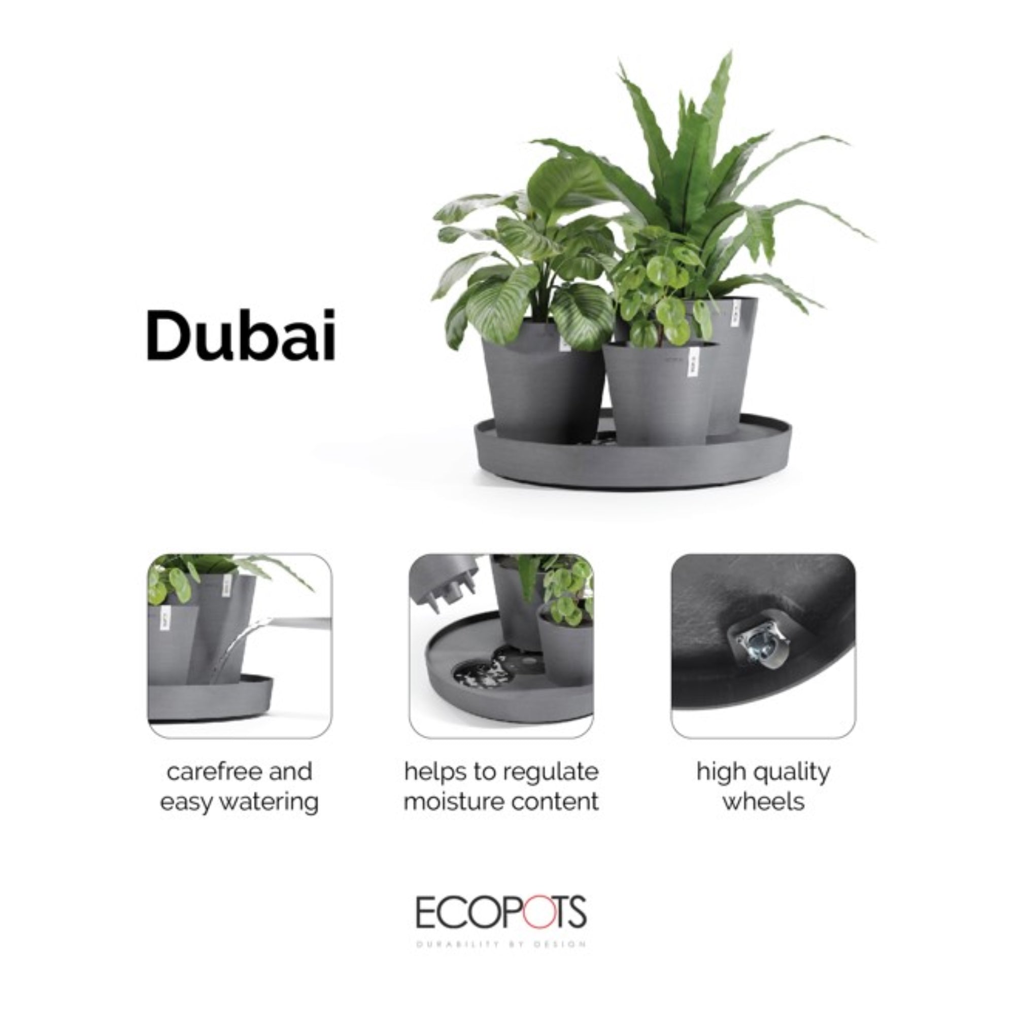 Ecopots Dubai Indoor/Outdoor Self-Watering Modern Recycled Plastic Flower Pot Planter with Wheels and Saucer, 22"