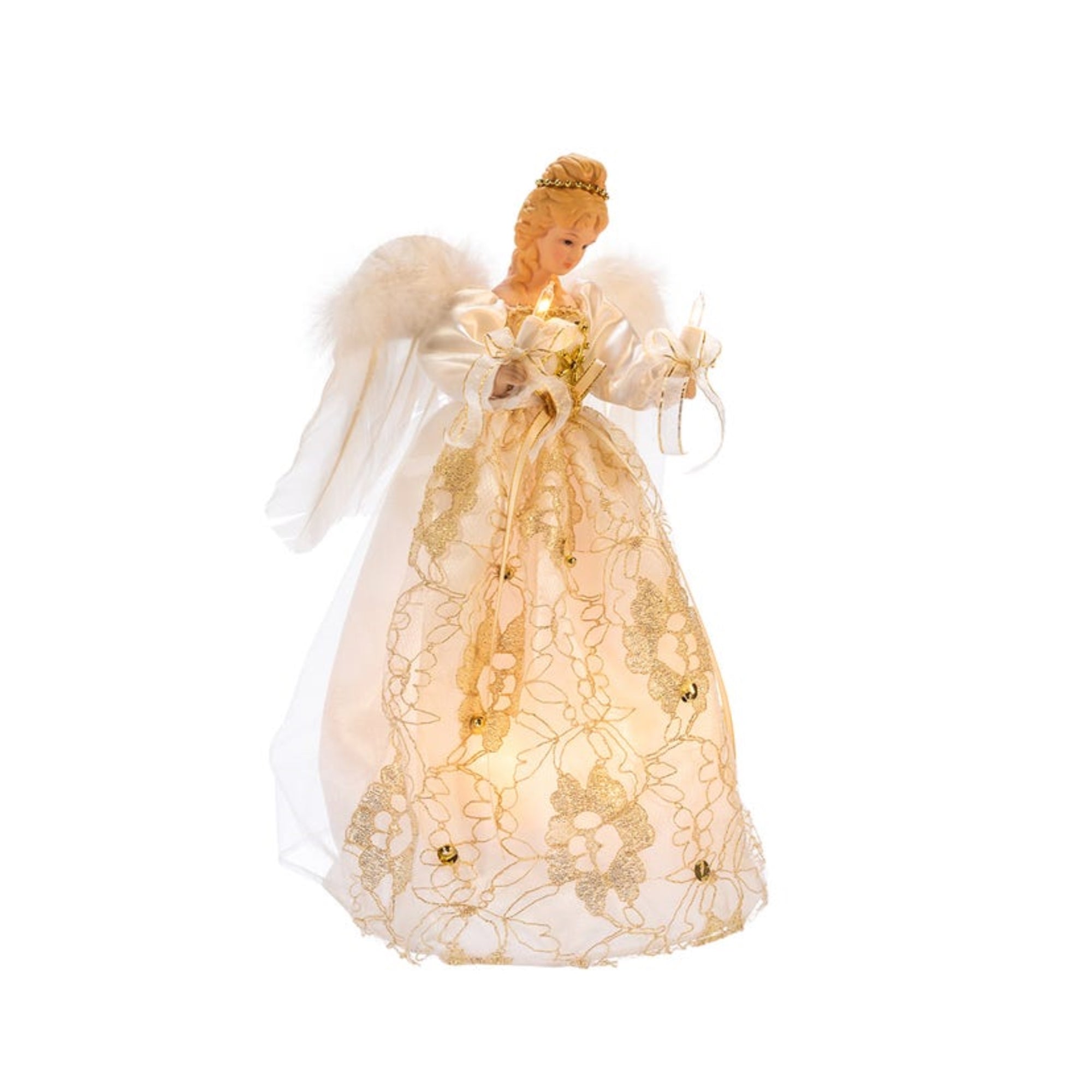 Kurt Adler 10-Light Angel Christmas Tree Topper, Ivory and Gold, 12"