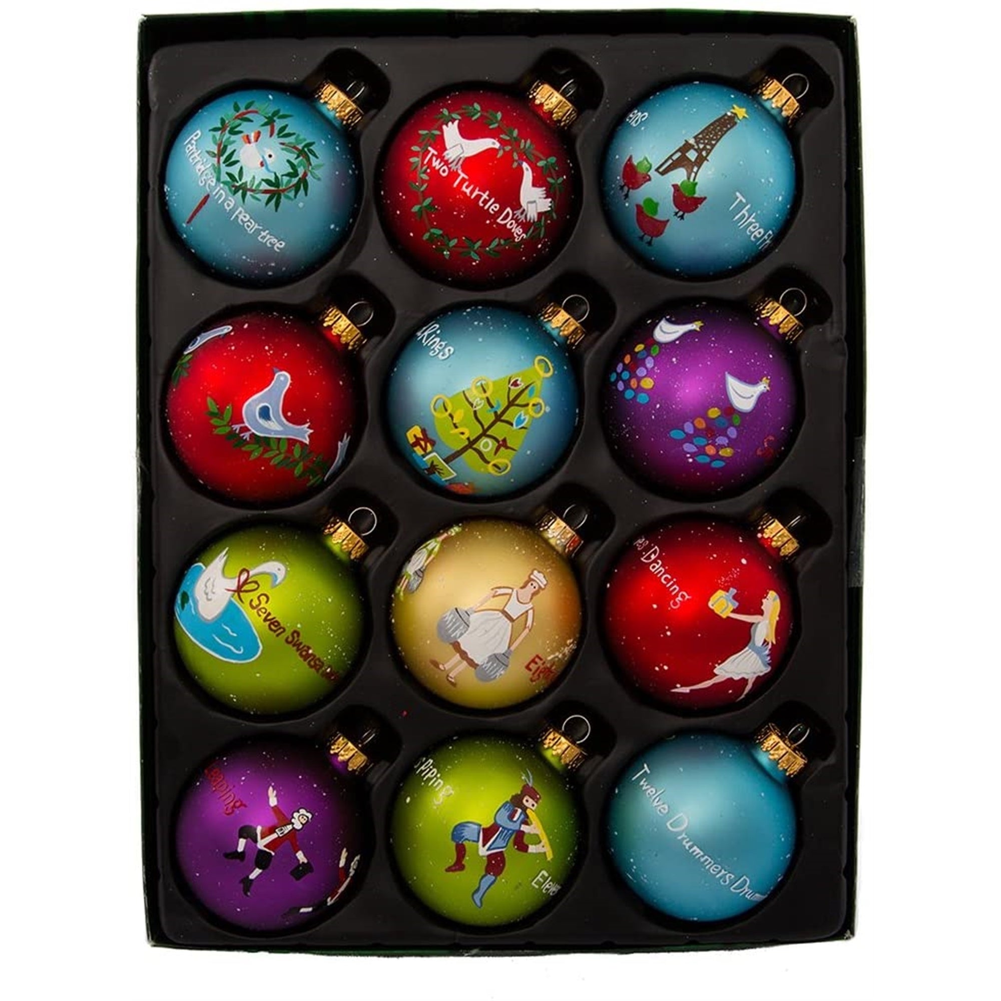 Kurt Adler Glass Ball Christmas Tree Ornament Set, 12 Days of Christmas, 2.5" (12-Count)