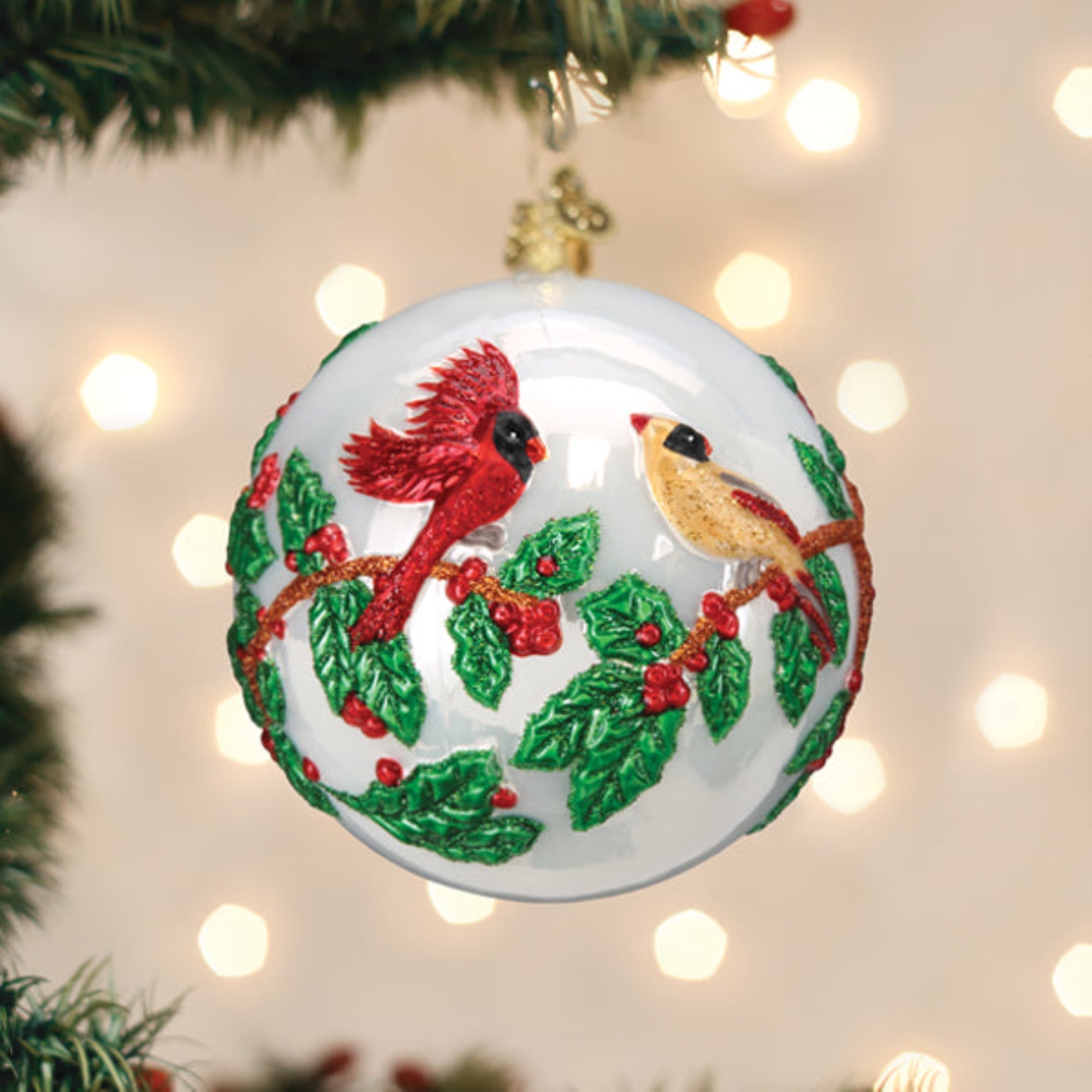 Old World Christmas Hanging Mouth-Blown Glass Ornament for Trees, Hollyberry Birds Round Ball, 3.5"