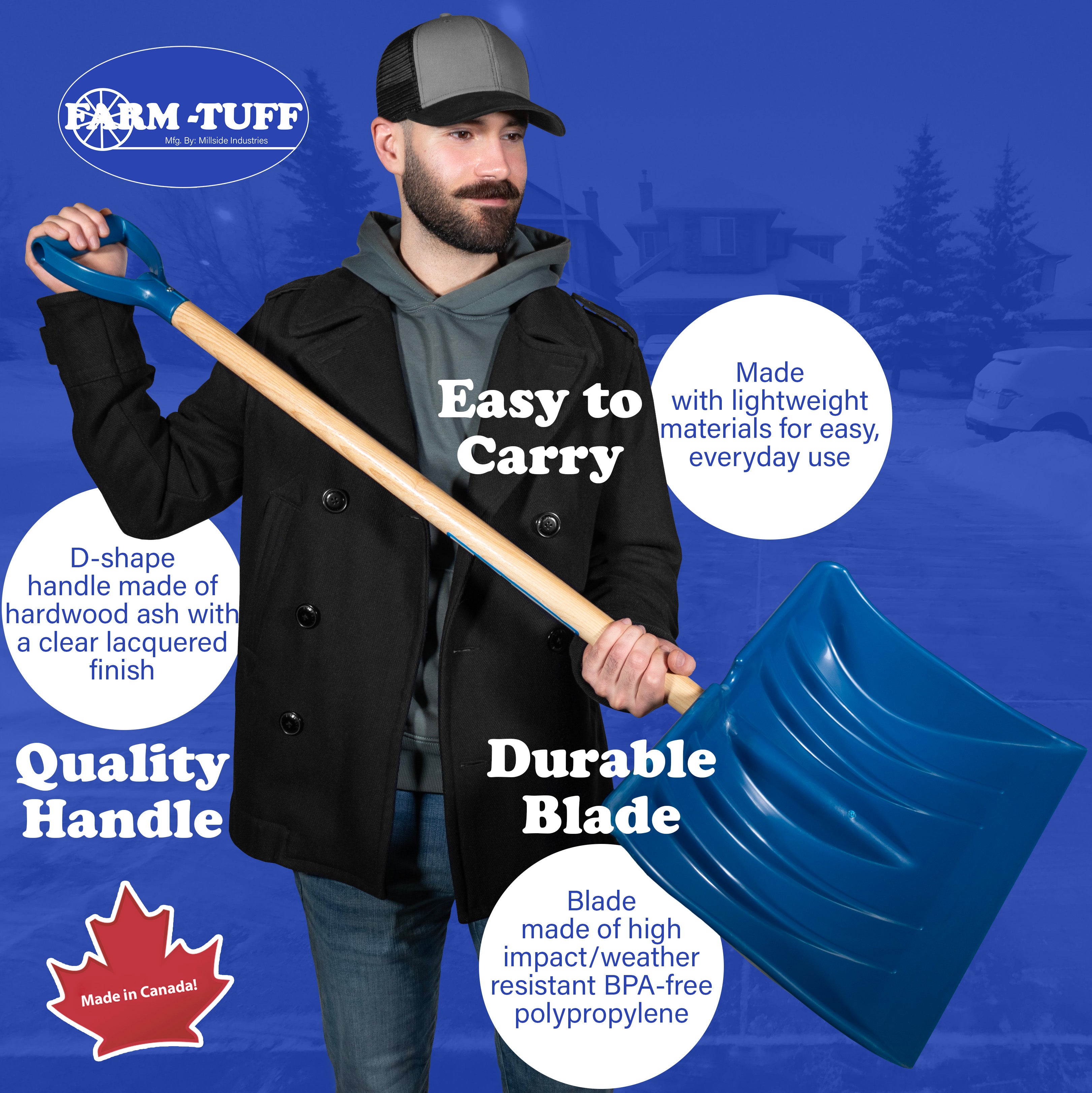 FARM-TUFF Durable Snow Shovel with Ash Hardwood Handle and Large Non Stick Plastic Blade, Blue, 18in