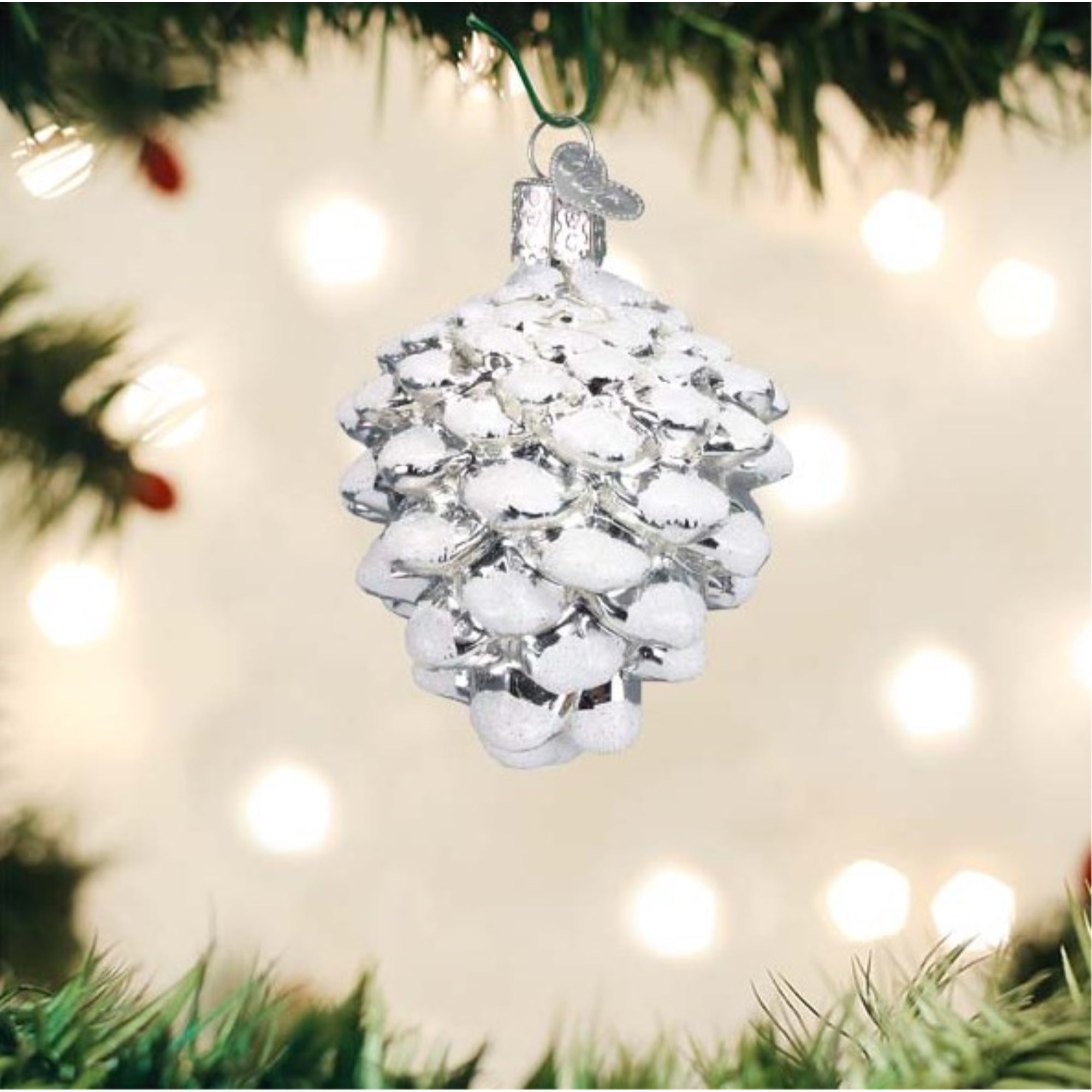 Old World Christmas Blown Glass Ornament for Christmas Tree, Snow-Capped Silver Snowy Cone (with OWC Gift Box)