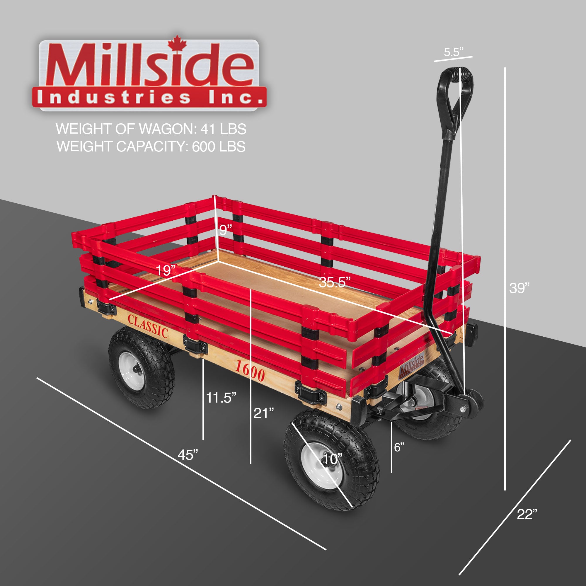 Millside Industries Classic Wood Wagon Cart with Removable Plastic Side Racks and Pneumatic Tires for Outdoor Hauling, Red, 20" x 38"