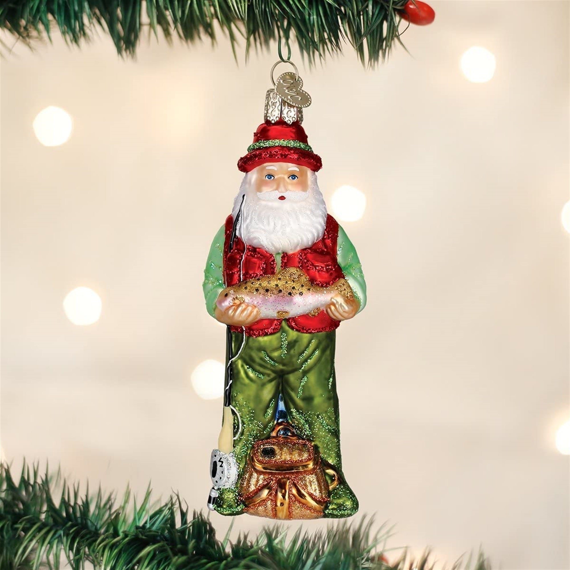 Old World Christmas Blown Glass Ornament for Christmas Tree, Fly Fishing Santa