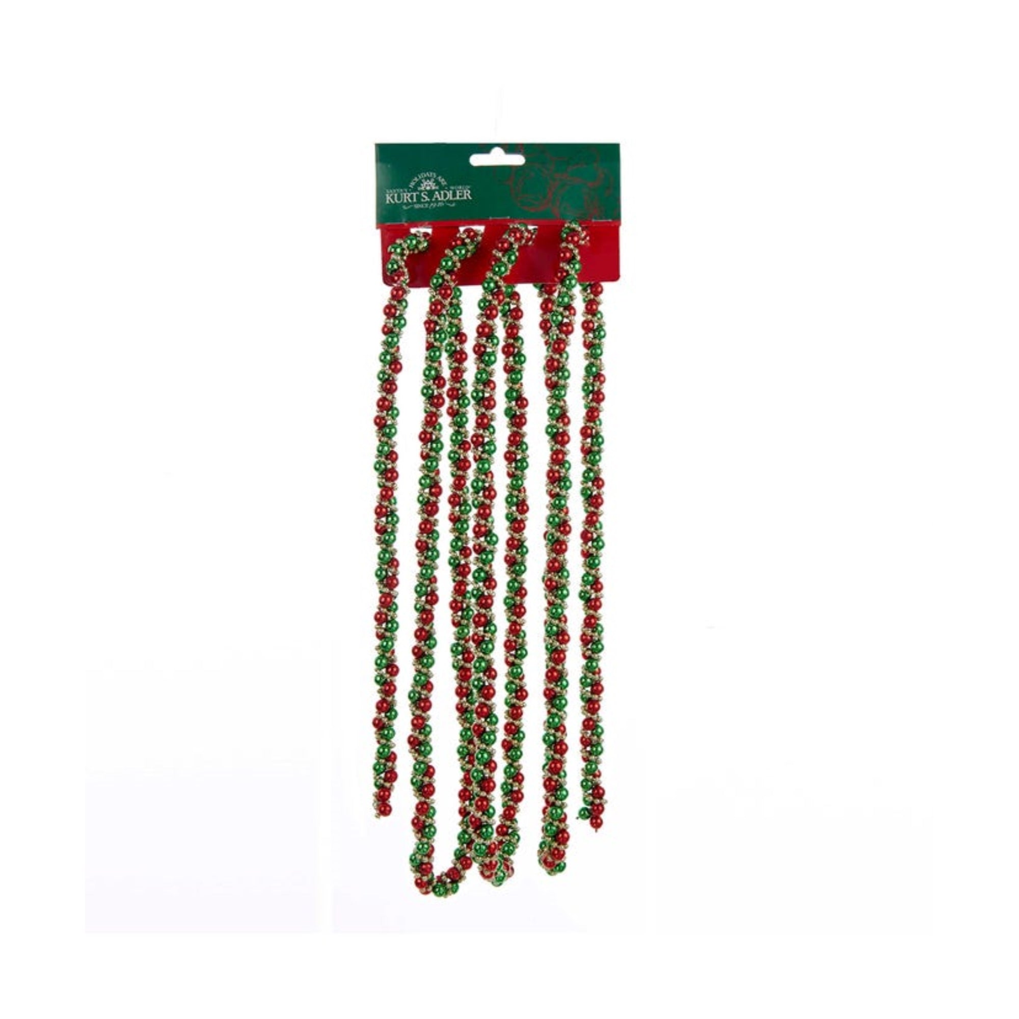 Kurt Adler Plastic Round Bead Garland, Twisted Strand, Red, Green and Gold, 9ft
