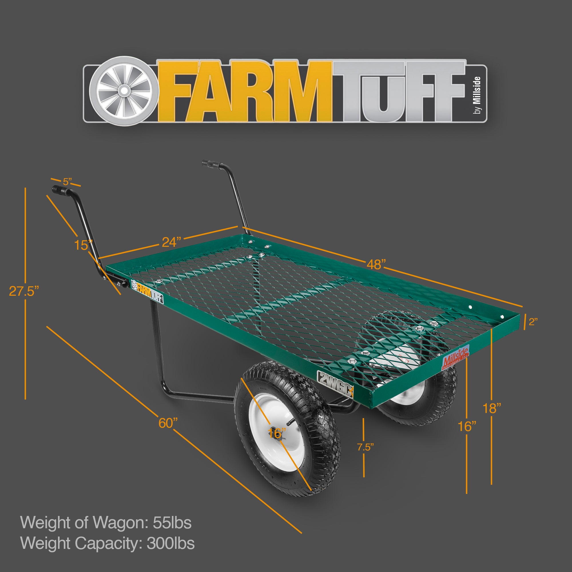 Farm Tuff Durable Two Wheel Metal Utility Push Cart with Pneumatic Tires for Outdoor Hauling, Green, 24" x 48"