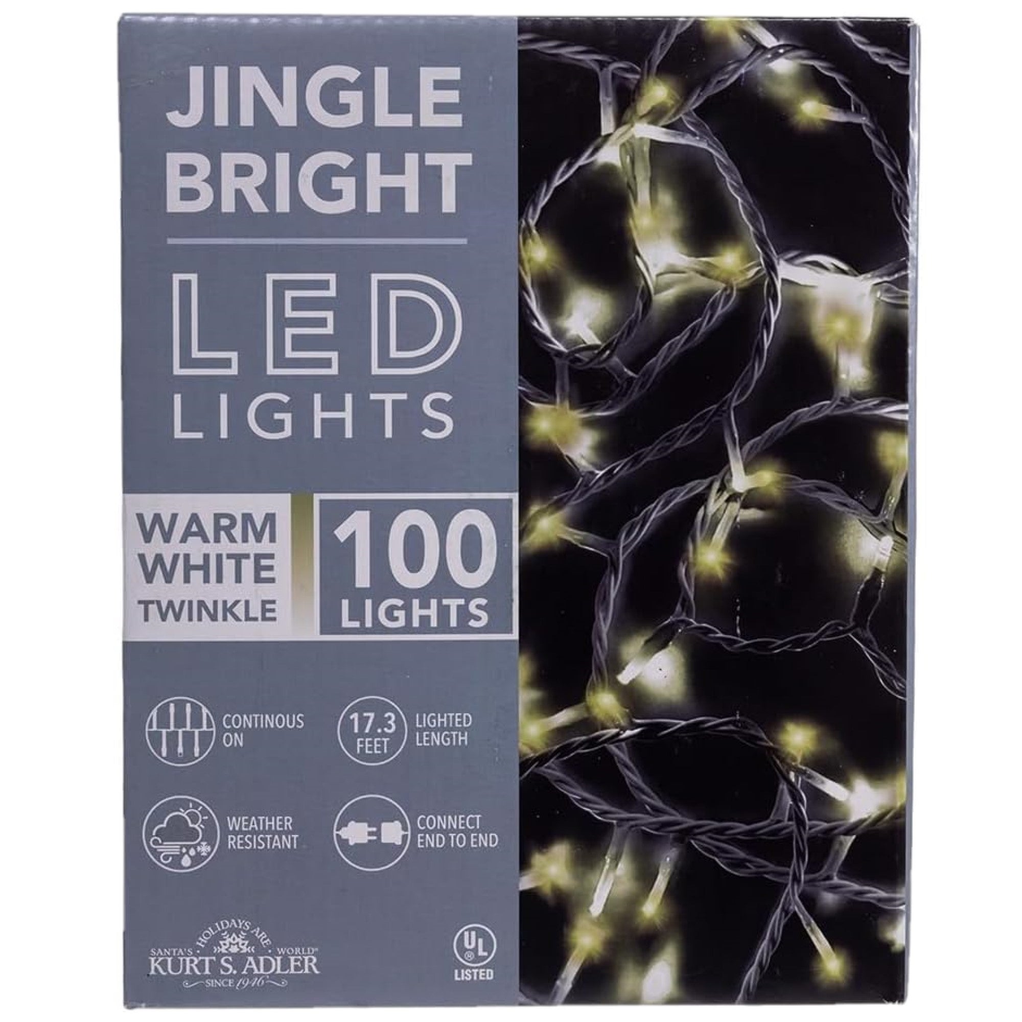 Kurt Adler Indoor/Outdoor Jingle Bright LED Light Set, 100 LED Lights on White Wire, Warm White Twinkle, 17ft