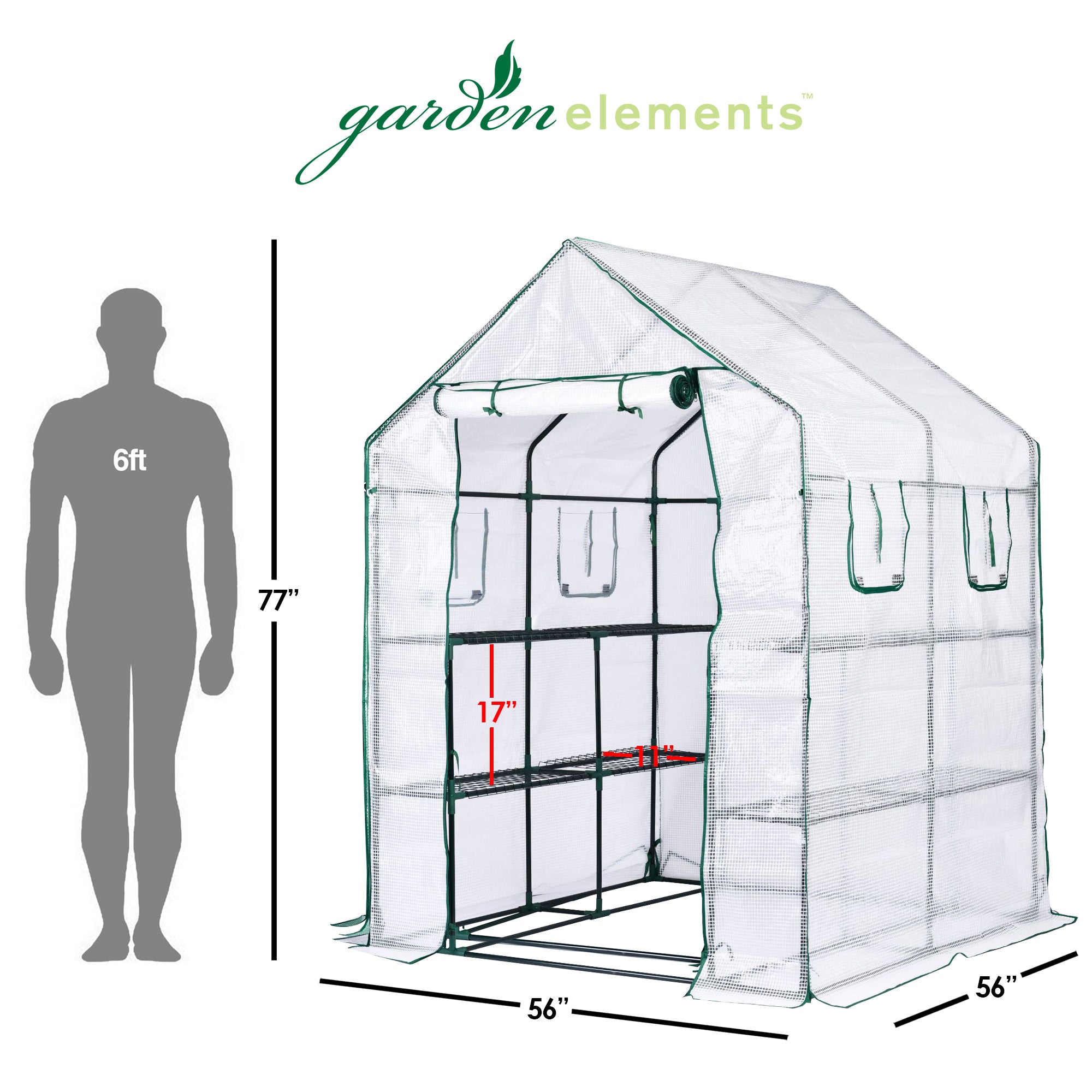 Garden Elements Personal Plastic Indoor/Outdoor Standing Greenhouse for Seed Starting and Propagation, Frost Protection, Vented, White, Large, 56" x 56" x 77"