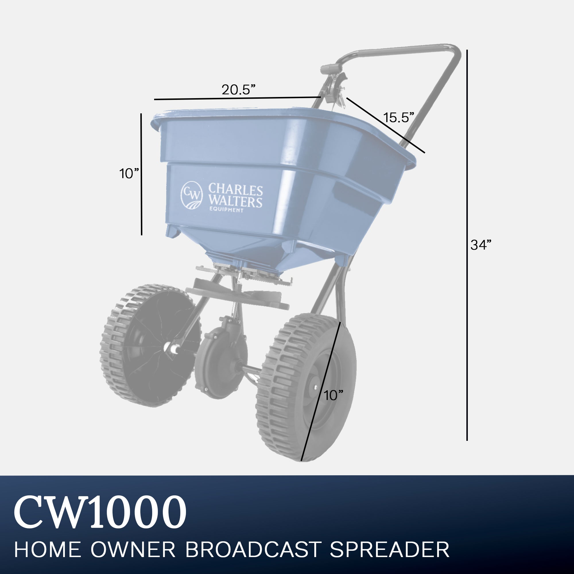 Charles Walters Equipment CW1000 Homeowner Broadcast Spreader for Spreading Fertilizer and Ice Melt on Lawns, Sidewalks, and Driveways, 65lb Capacity, 33" x 35"