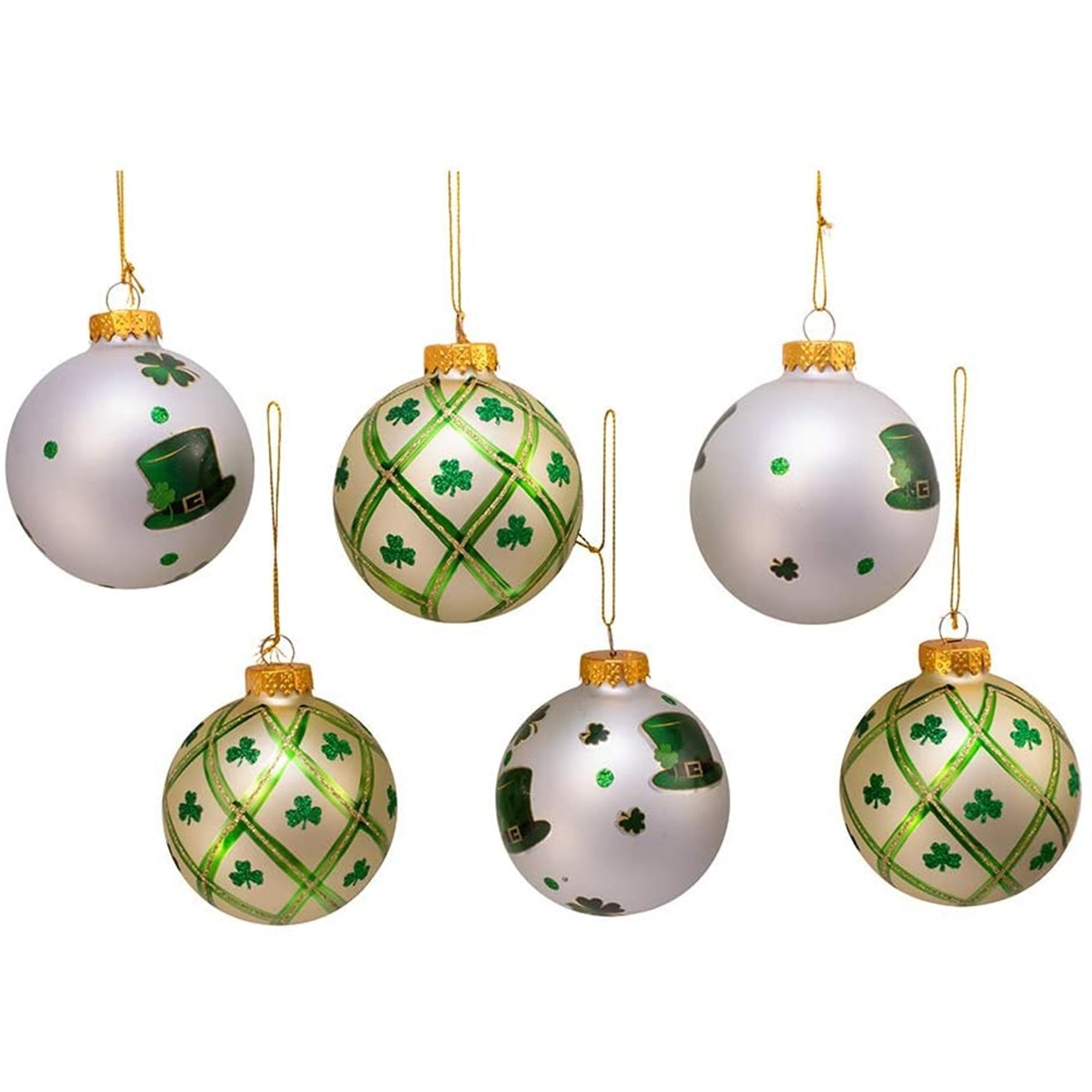 Kurt Adler Glass Ball Christmas Tree Ornament Set, Irish Design, Silver & Light Green 3" (6-Count)