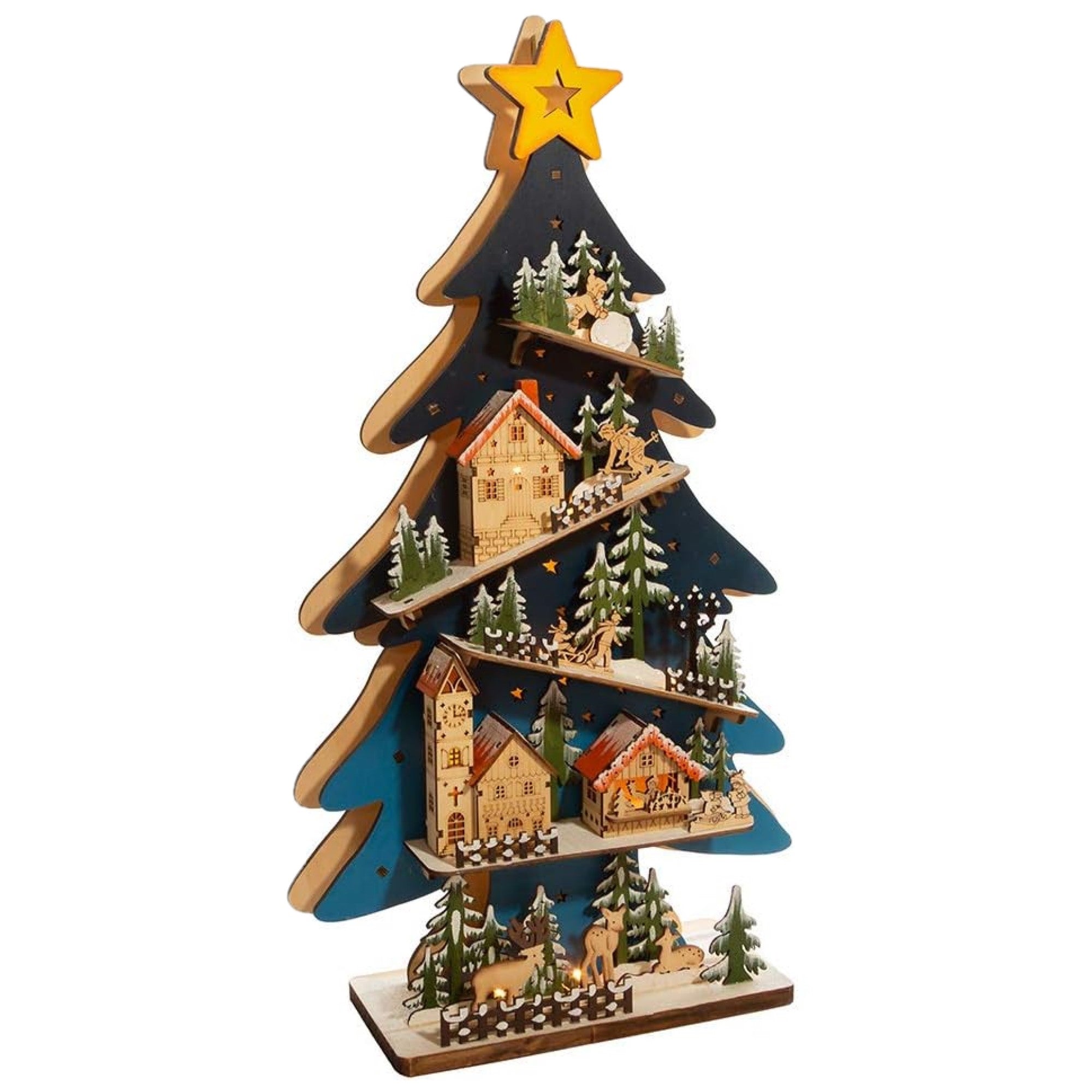 Kurt Adler Battery-Operated Light-Up LED Wooden Christmas Tree with Village, 23.5in