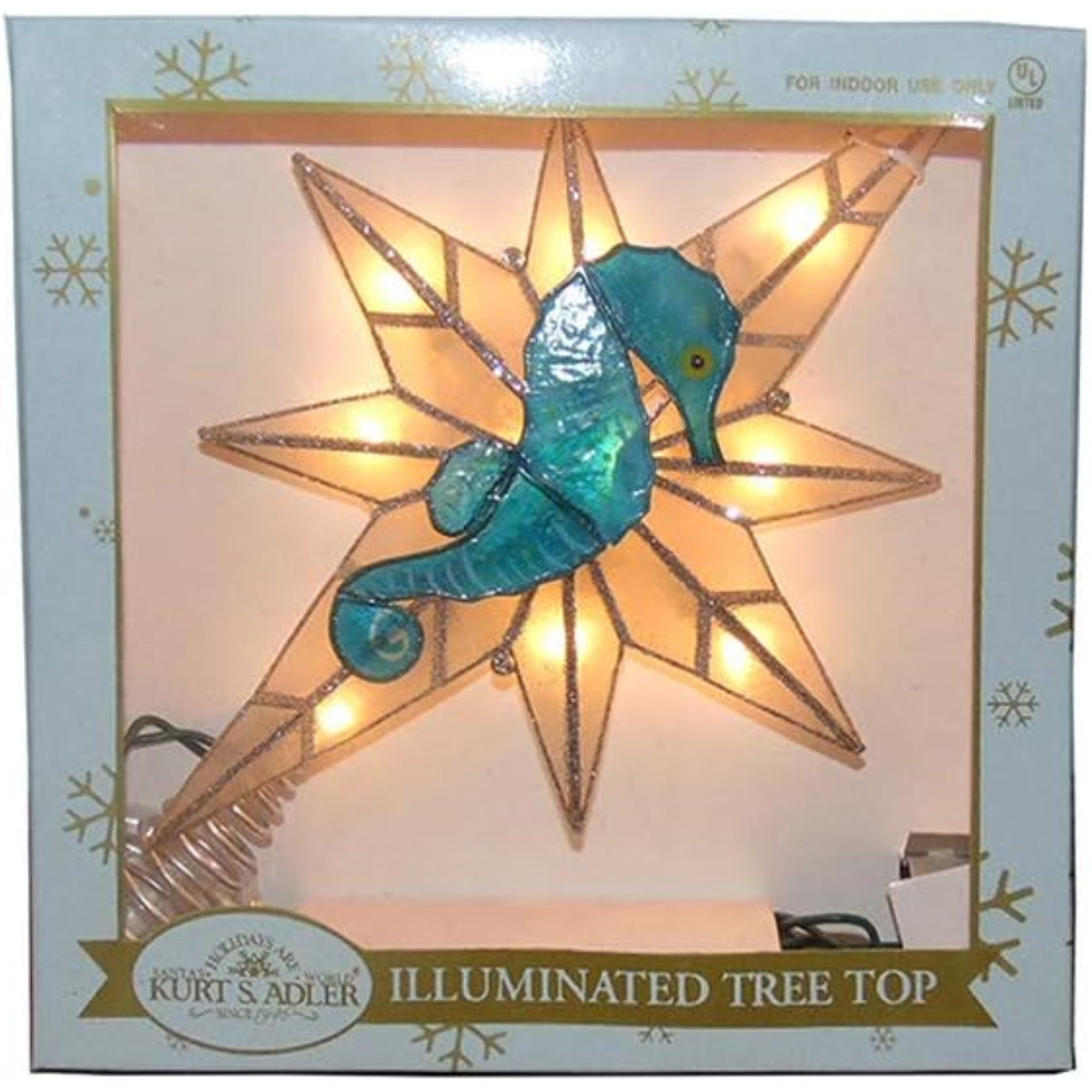 Kurt Adler 8-Point Illuminated Capiz Shell Bethlehem Star with Seahorse Treetop, 10 Incandescent Lights, 11.4"