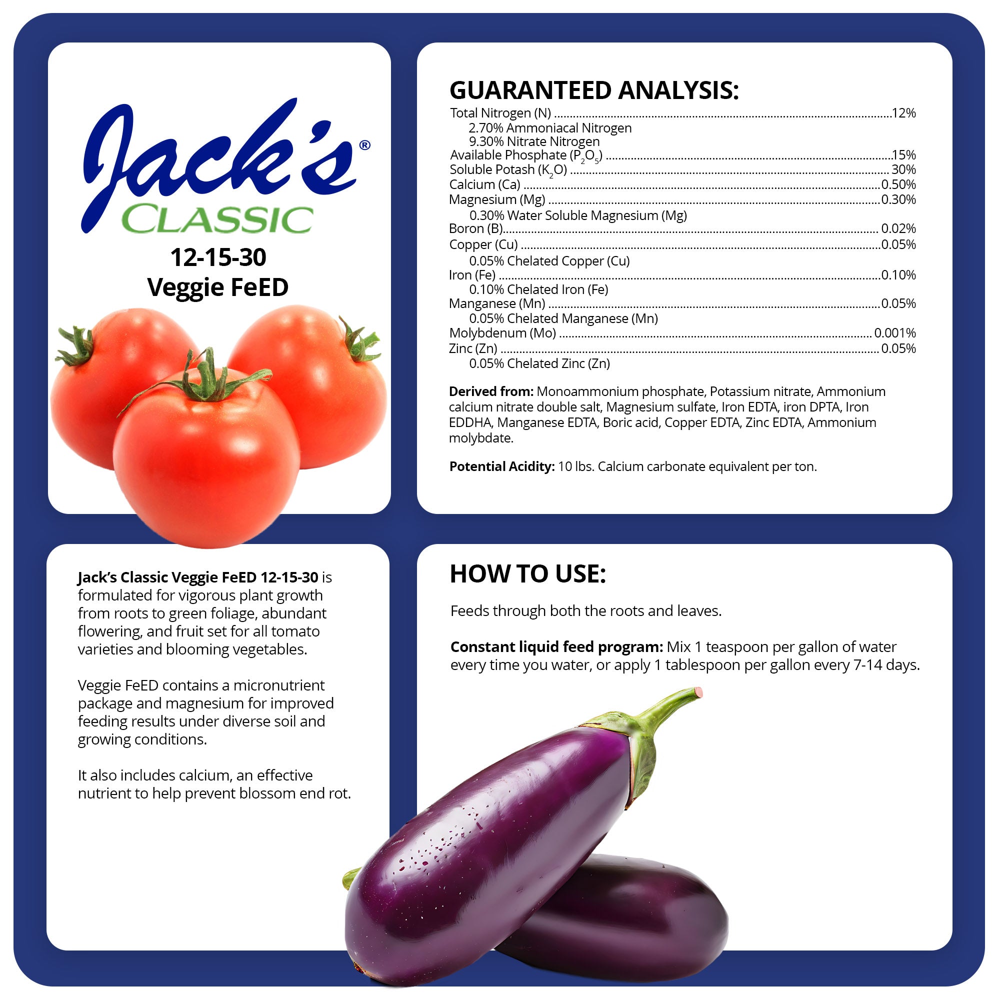 Jack's Classic 12-15-30 Veggie FeED Water-Soluble Fertilizer with Micronutrients for Plant Growth and Abundant Fruit Set in Blooming Vegetable Plants, 1.5lbs