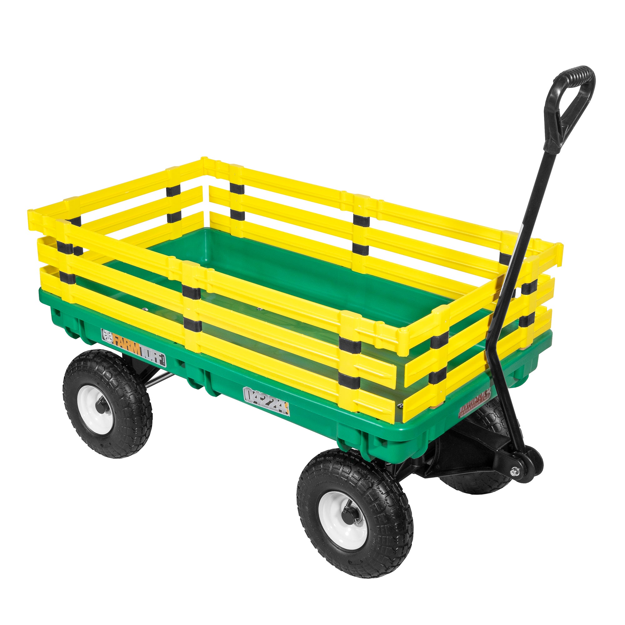 Farm Tuff Durable Plastic Garden Wagon Utility Cart with Removable Side Racks and Pneumatic Tires for Outdoor Hauling, Green and Yellow, 20" x 38"